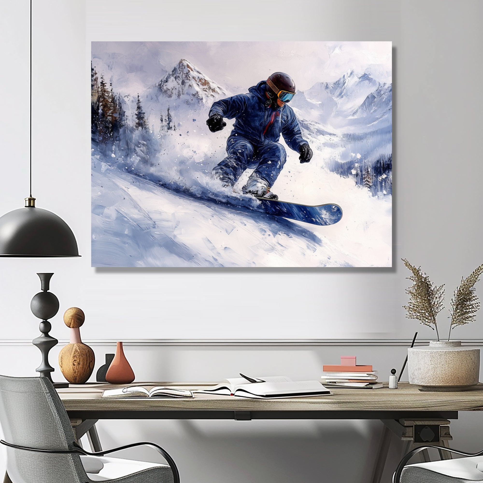 White Snowboard Big Air Mens Accented With Blue - Winter Sport Canvas Wall Art
