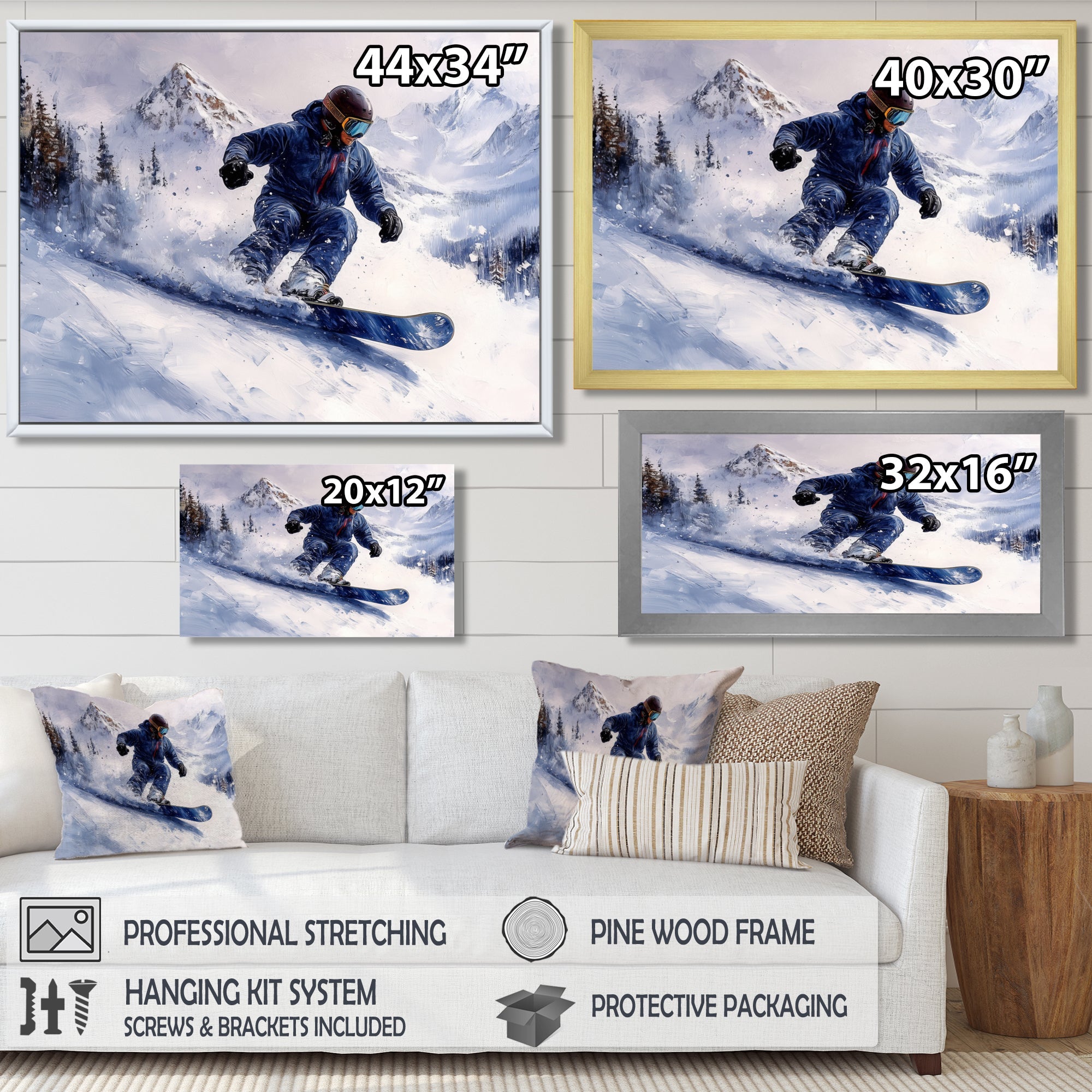 White Snowboard Big Air Mens Accented With Blue - Winter Sport Canvas Wall Art