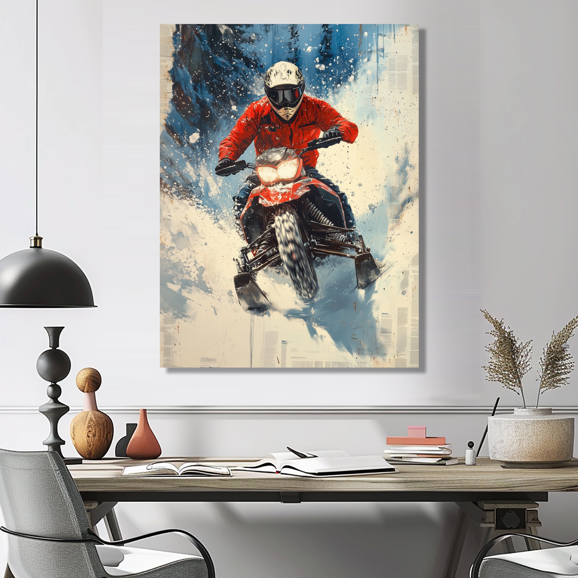 Red Snowmobile Freestyle Accented With Blue - Winter Sport Canvas Wall Art