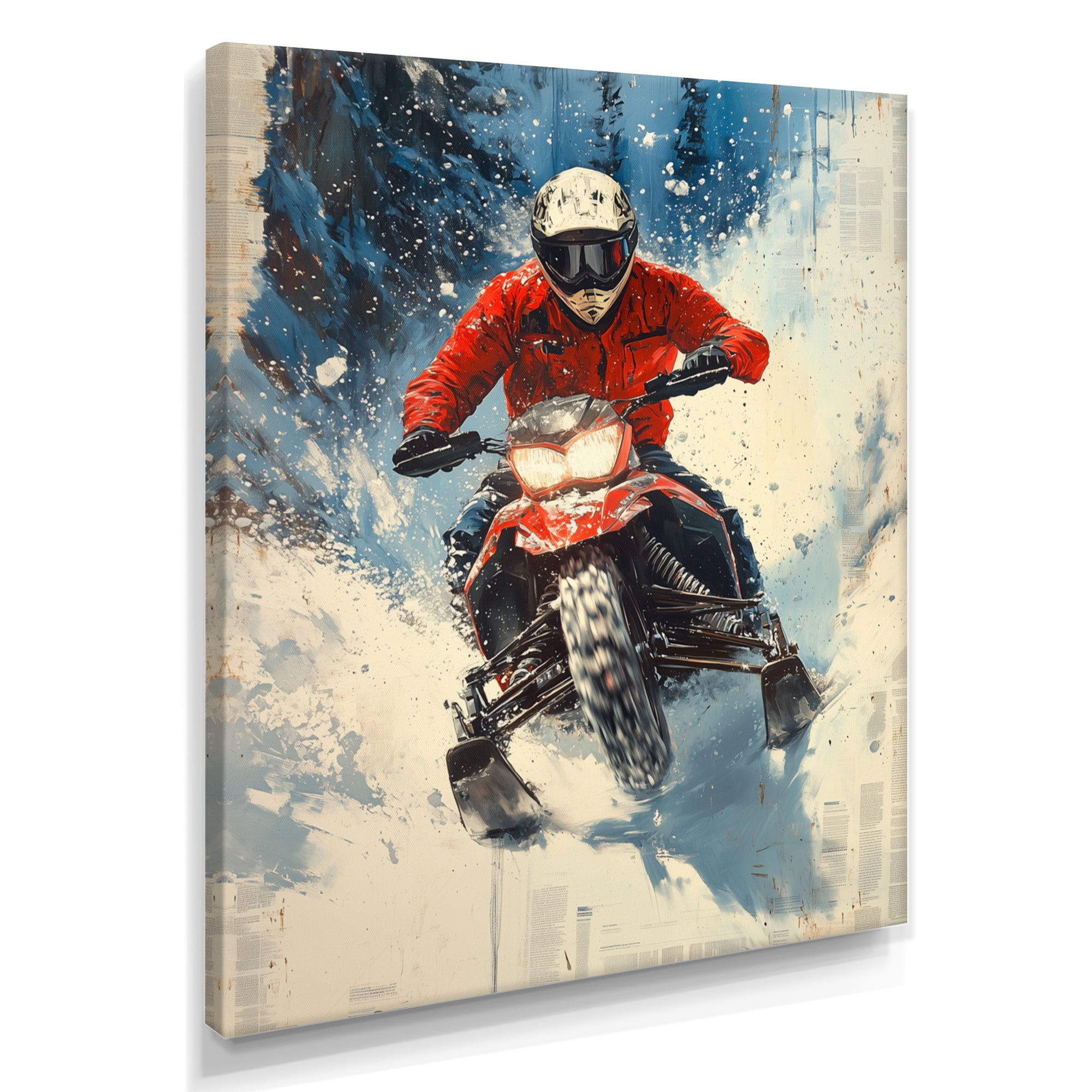 Red Snowmobile Freestyle Accented With Blue - Winter Sport Canvas Wall Art