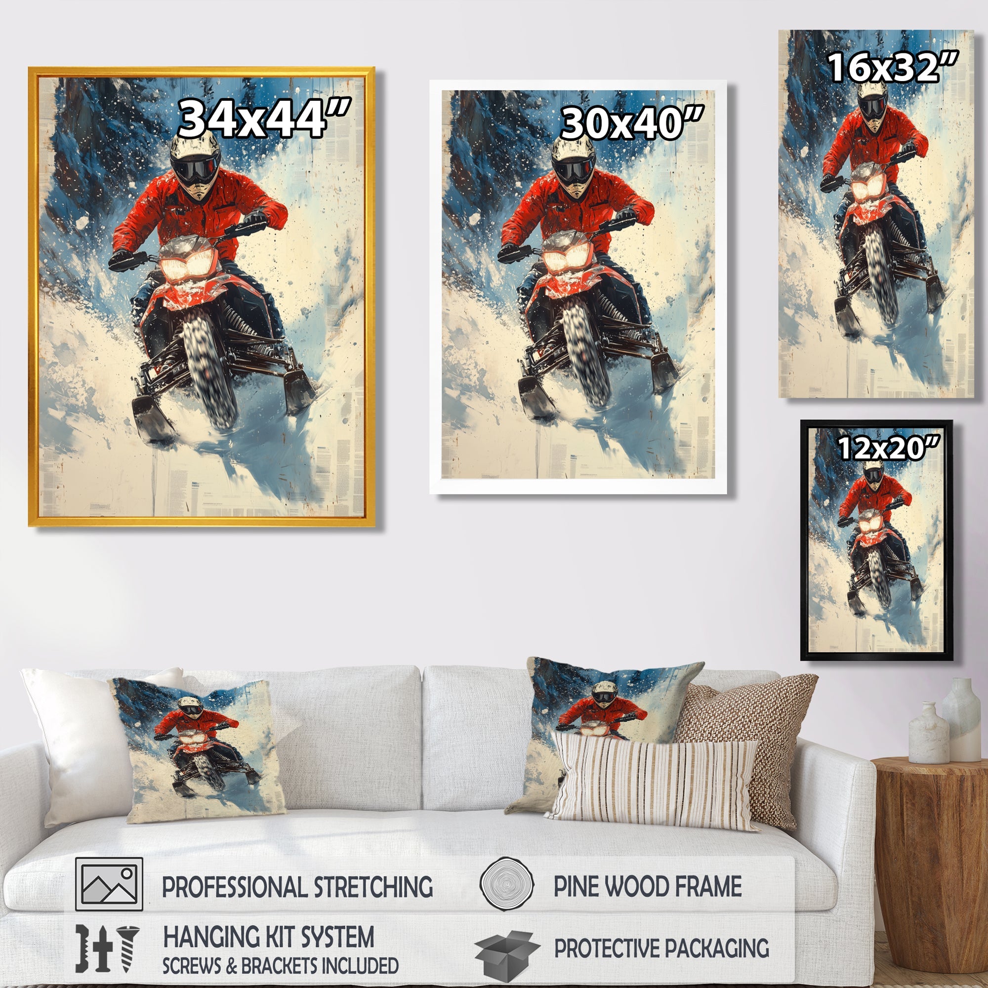 Red Snowmobile Freestyle Accented With Blue - Winter Sport Canvas Wall Art