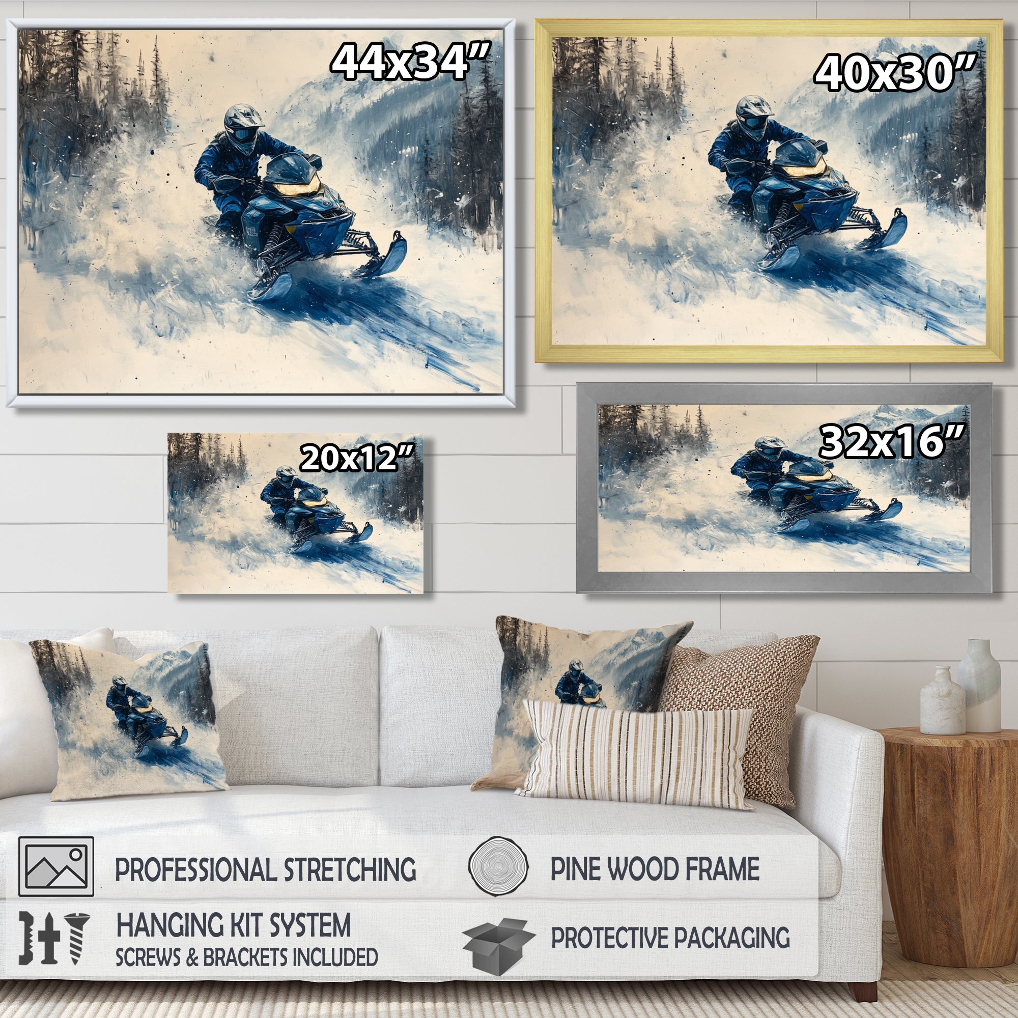Blue Snowmobile Hill Cross Accented With White I - Winter Sport Canvas Wall Art