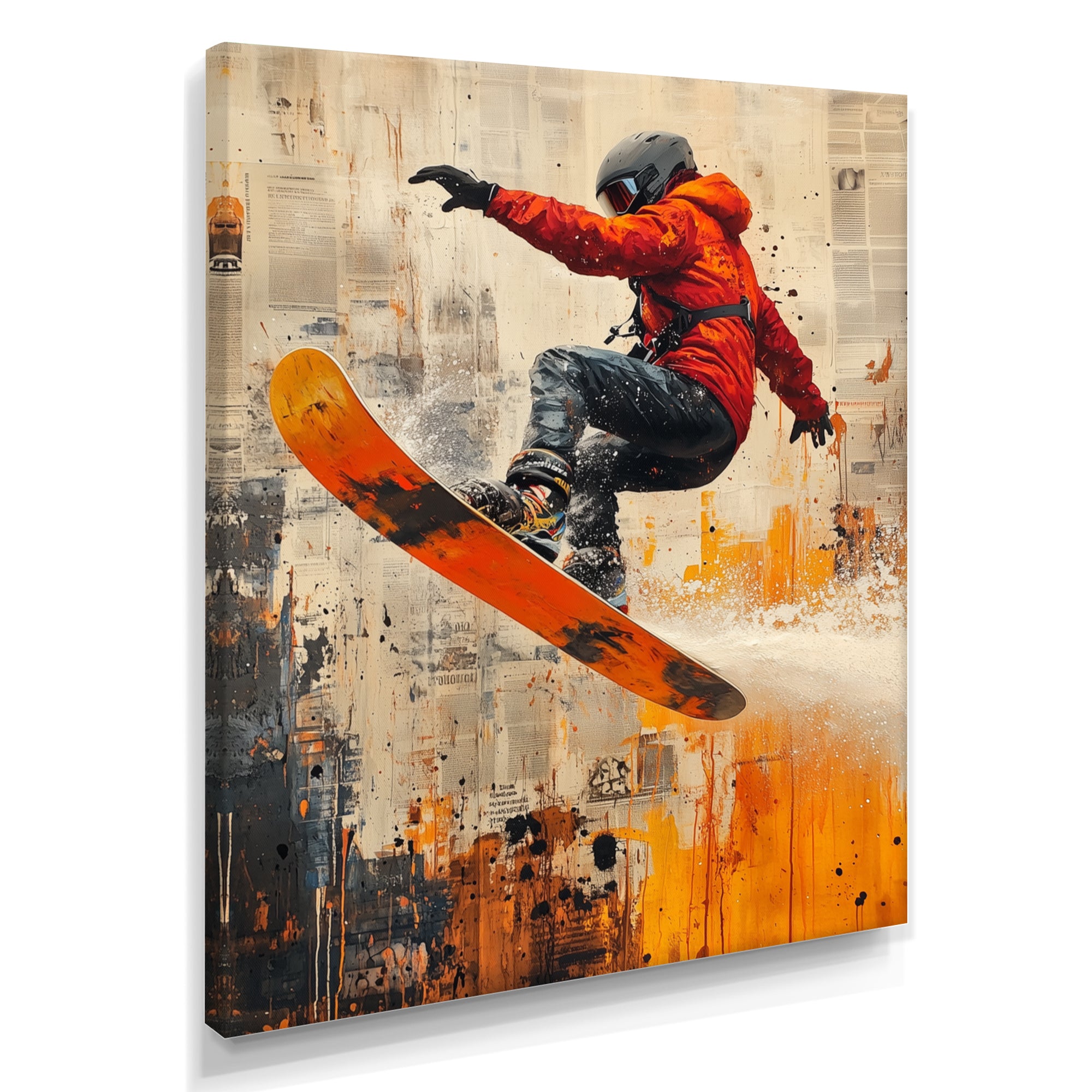 Yellow Wakeboard Big Air Accented With Orange - Winter Sport Canvas Wall Art