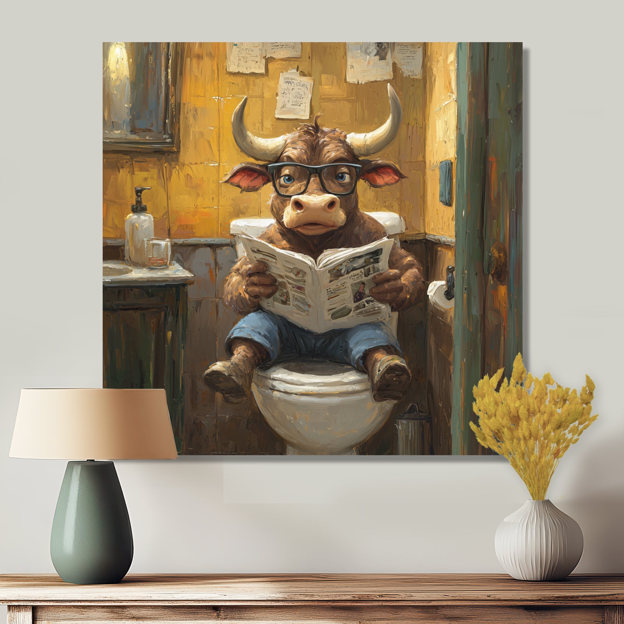Cute Buffalo Reading Newspaper In The Bathroom - Cow Wall Art Prints