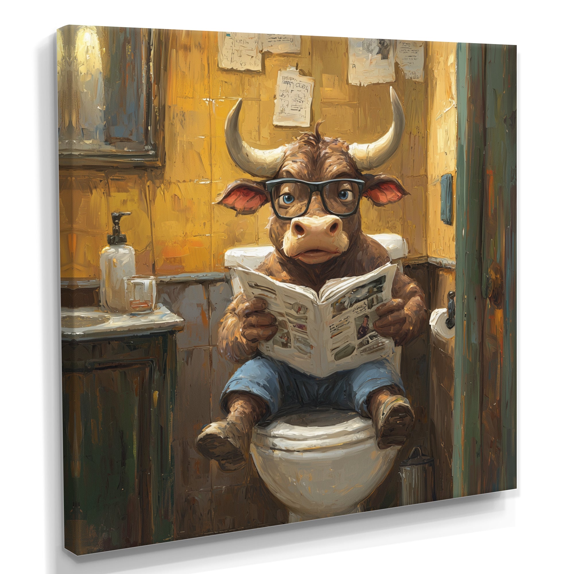 Cute Buffalo Reading Newspaper In The Bathroom - Cow Wall Art Prints