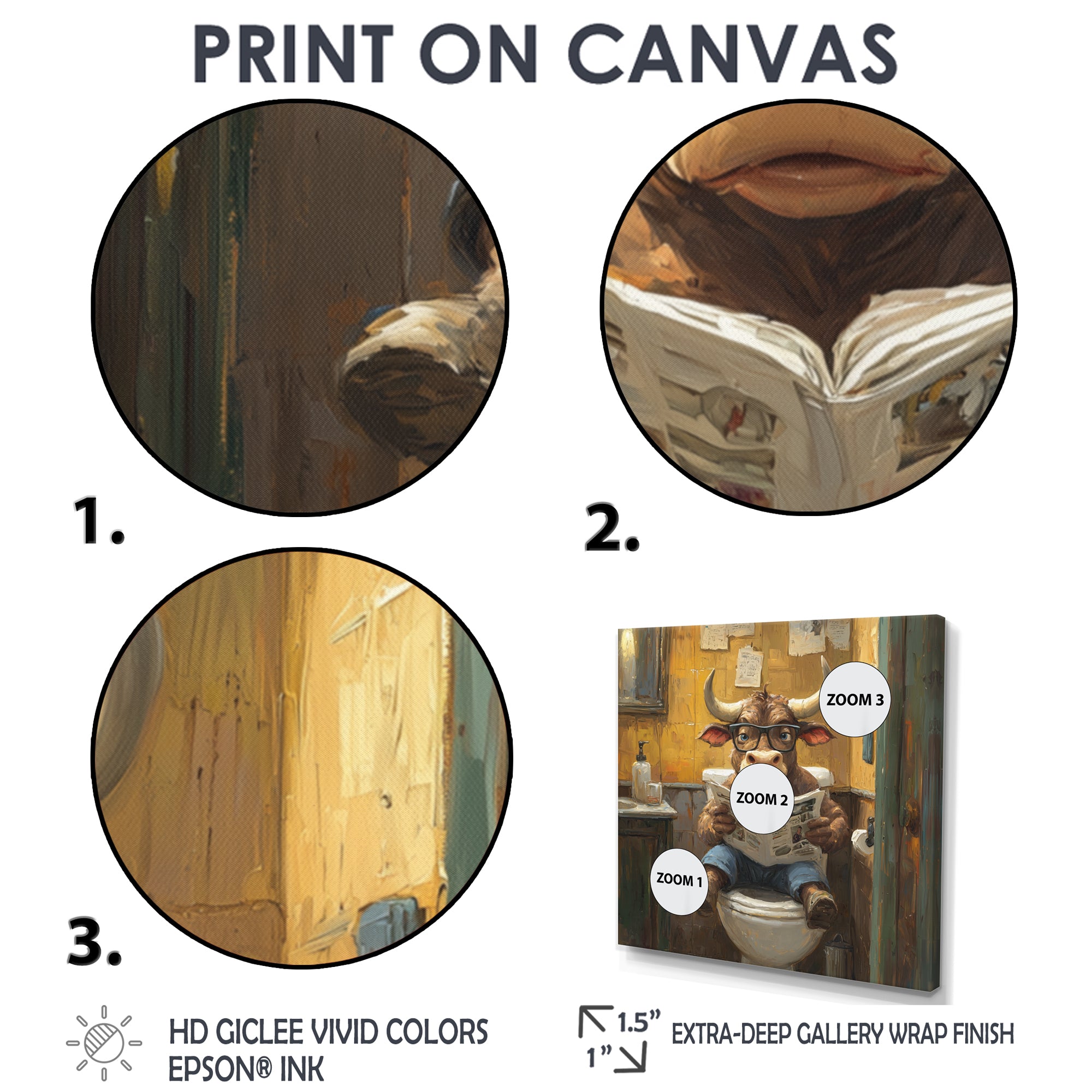 Cute Buffalo Reading Newspaper In The Bathroom - Cow Wall Art Prints