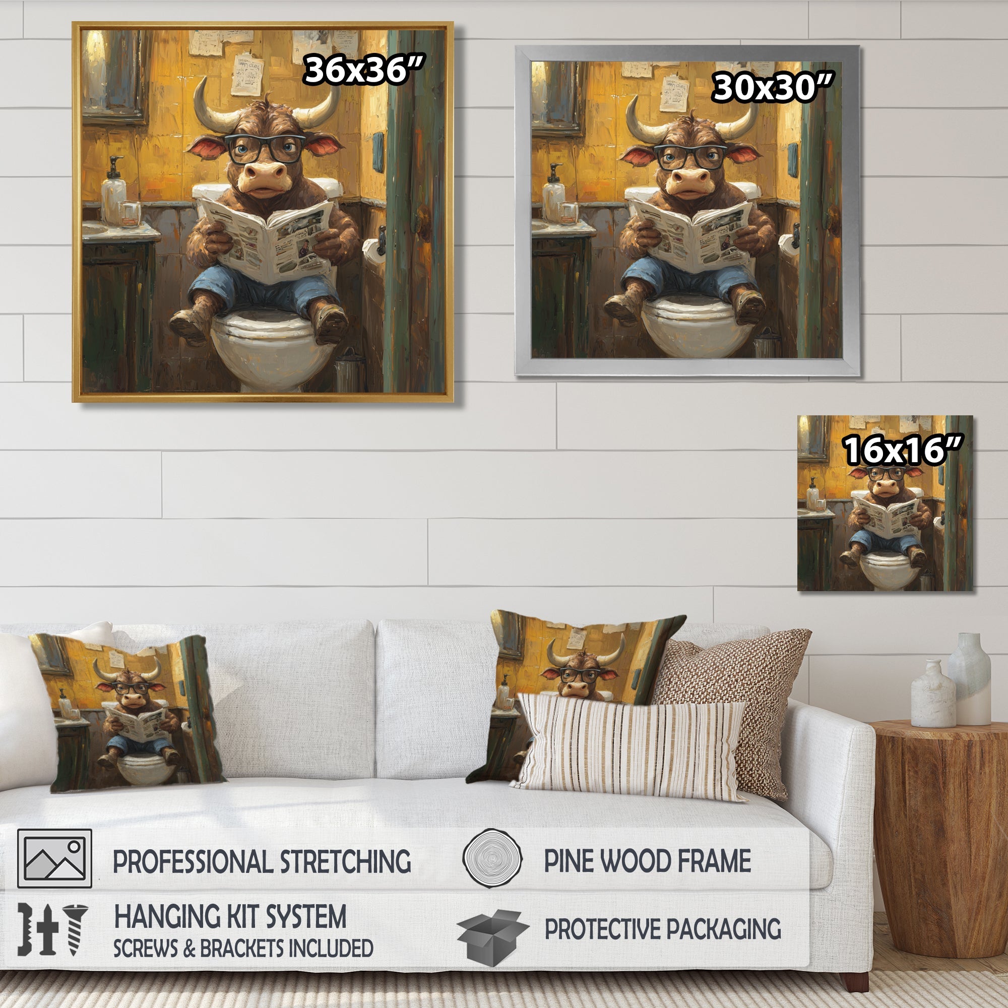 Cute Buffalo Reading Newspaper In The Bathroom - Cow Wall Art Prints