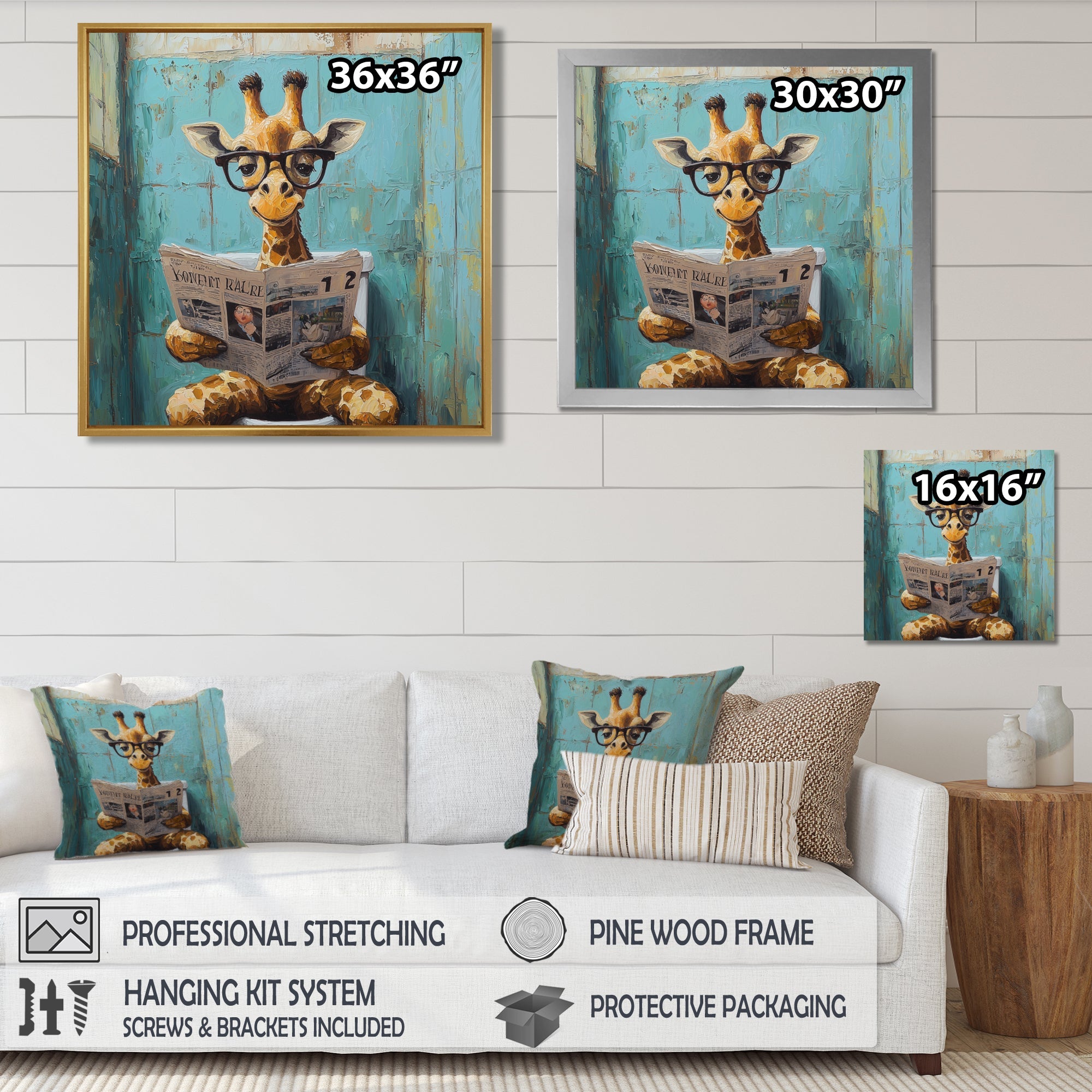 Giraffe Reading The News In The Bathroom - Brown Giraffe Wall Art