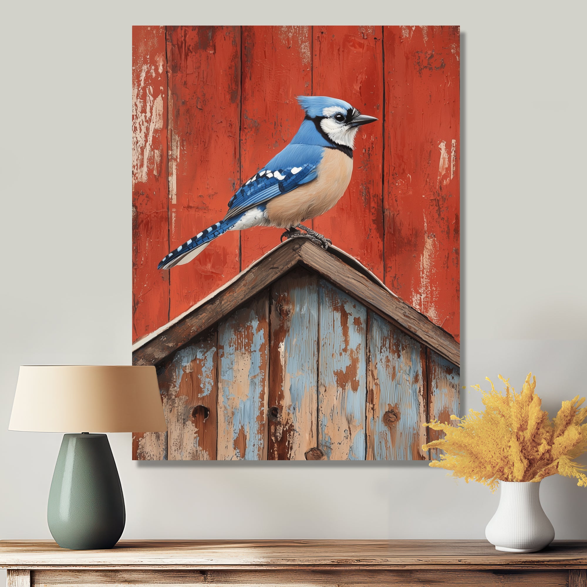 Blue Jay On The Barn Roof - Blue Bird Wall Art