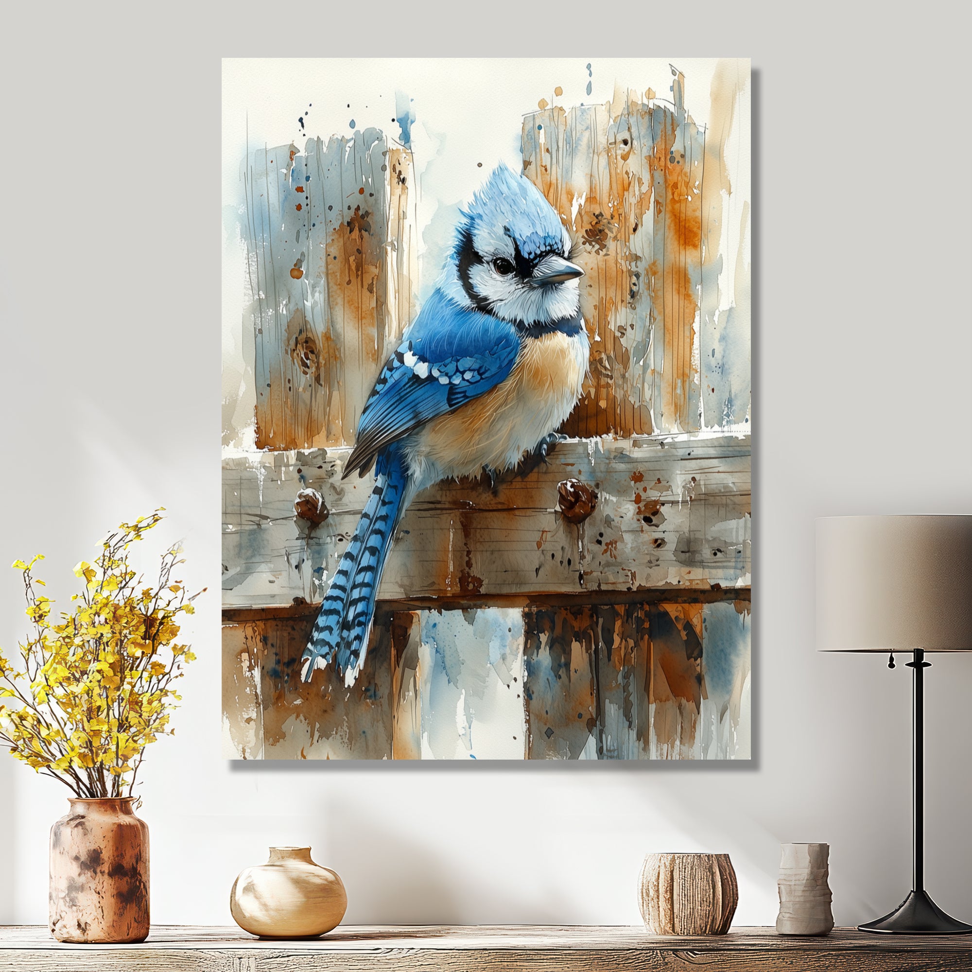 Blue Jay On The Farm Gate - Bird Framed Canvas Art