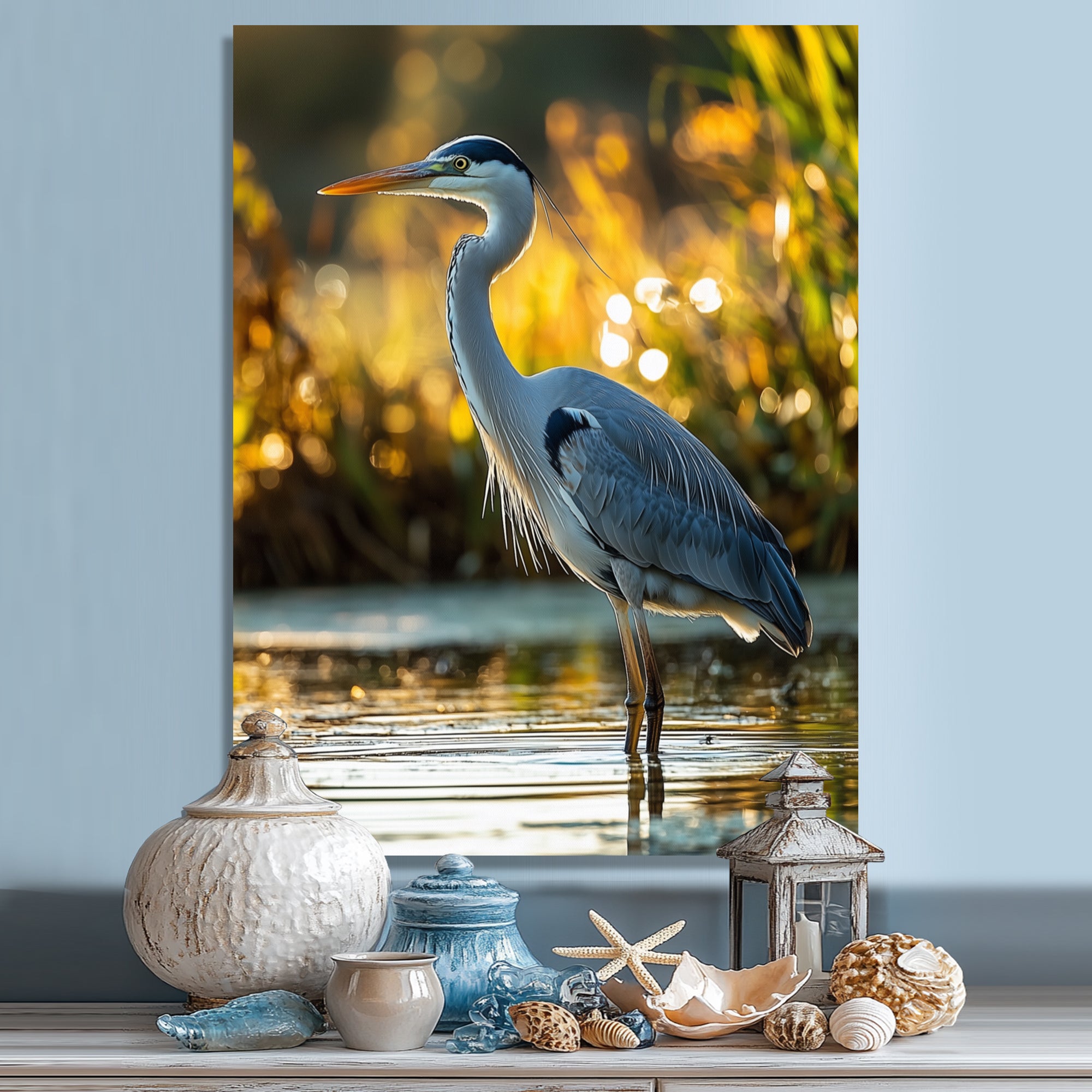 Photo Of Heron At The Farm Lake - Grey Heron Wall Art