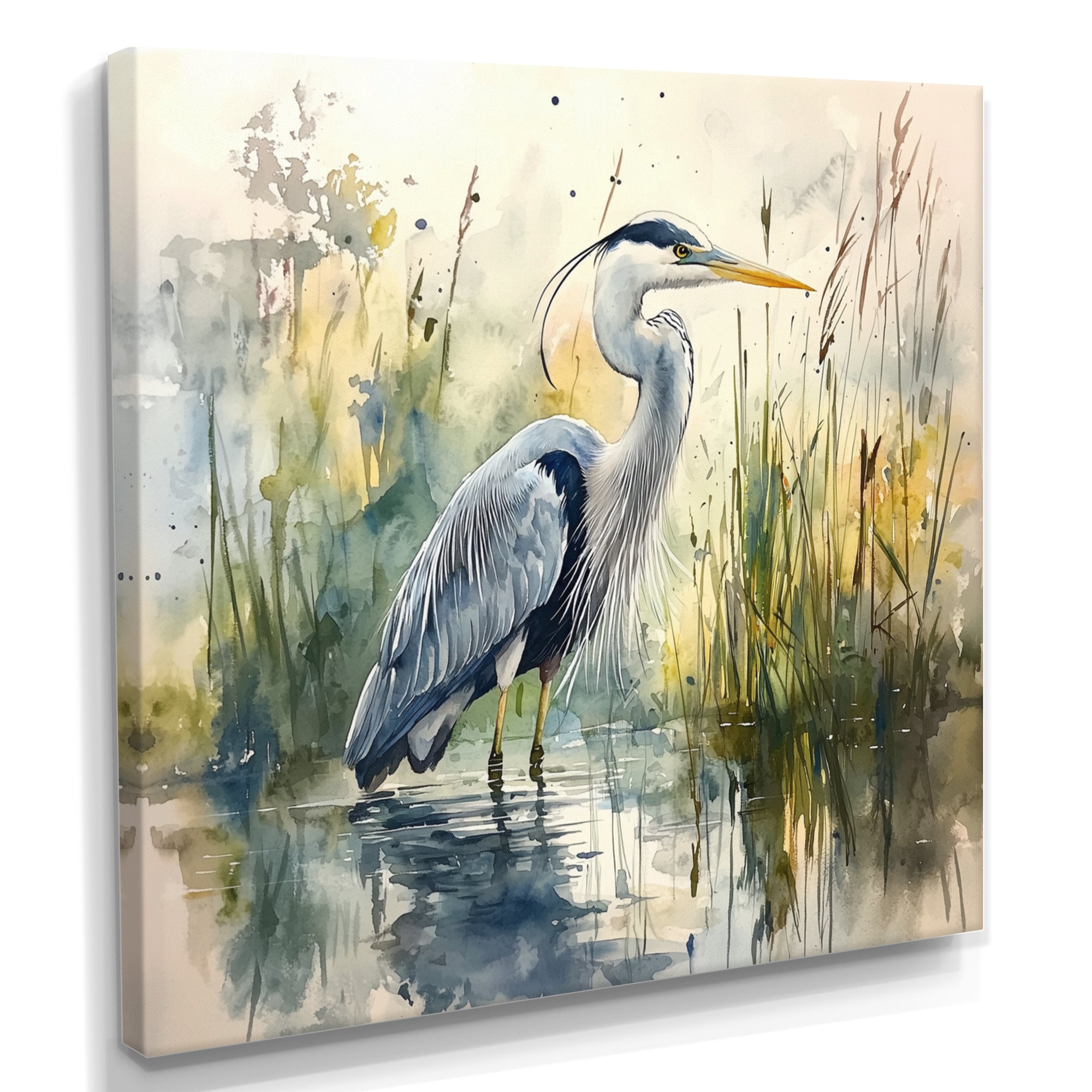 Heron By The Farm Lake - Heron Large Canvas Wall Art