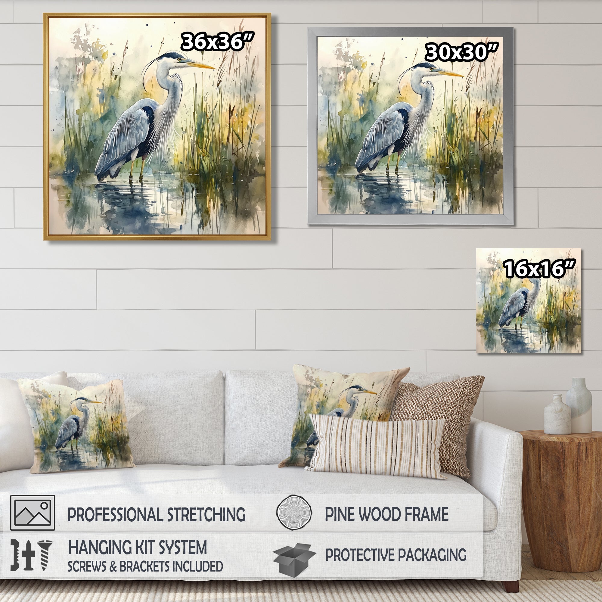 Heron By The Farm Lake - Heron Large Canvas Wall Art