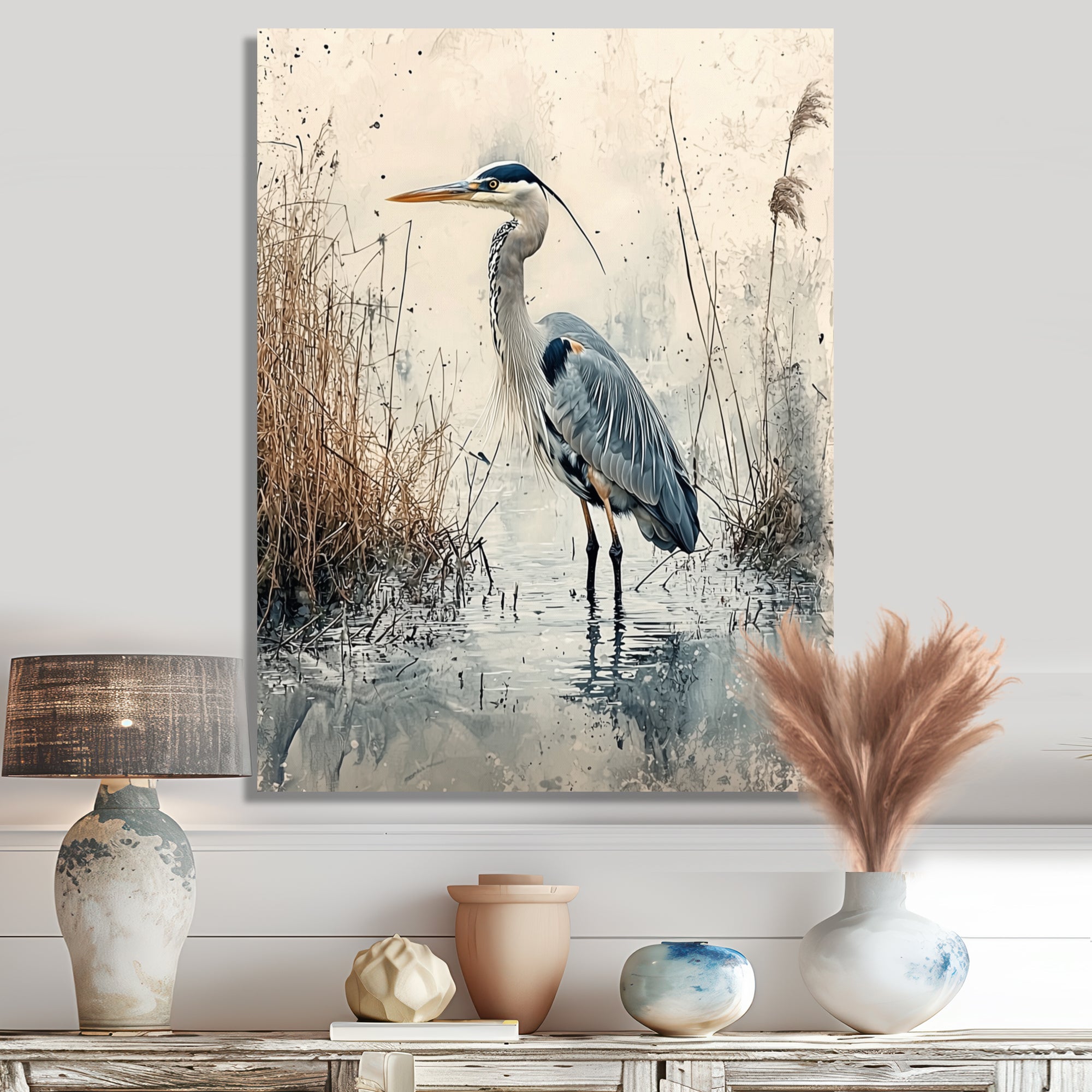 Relaxing Heron In The Marsh - Heron Living Room Wall Art