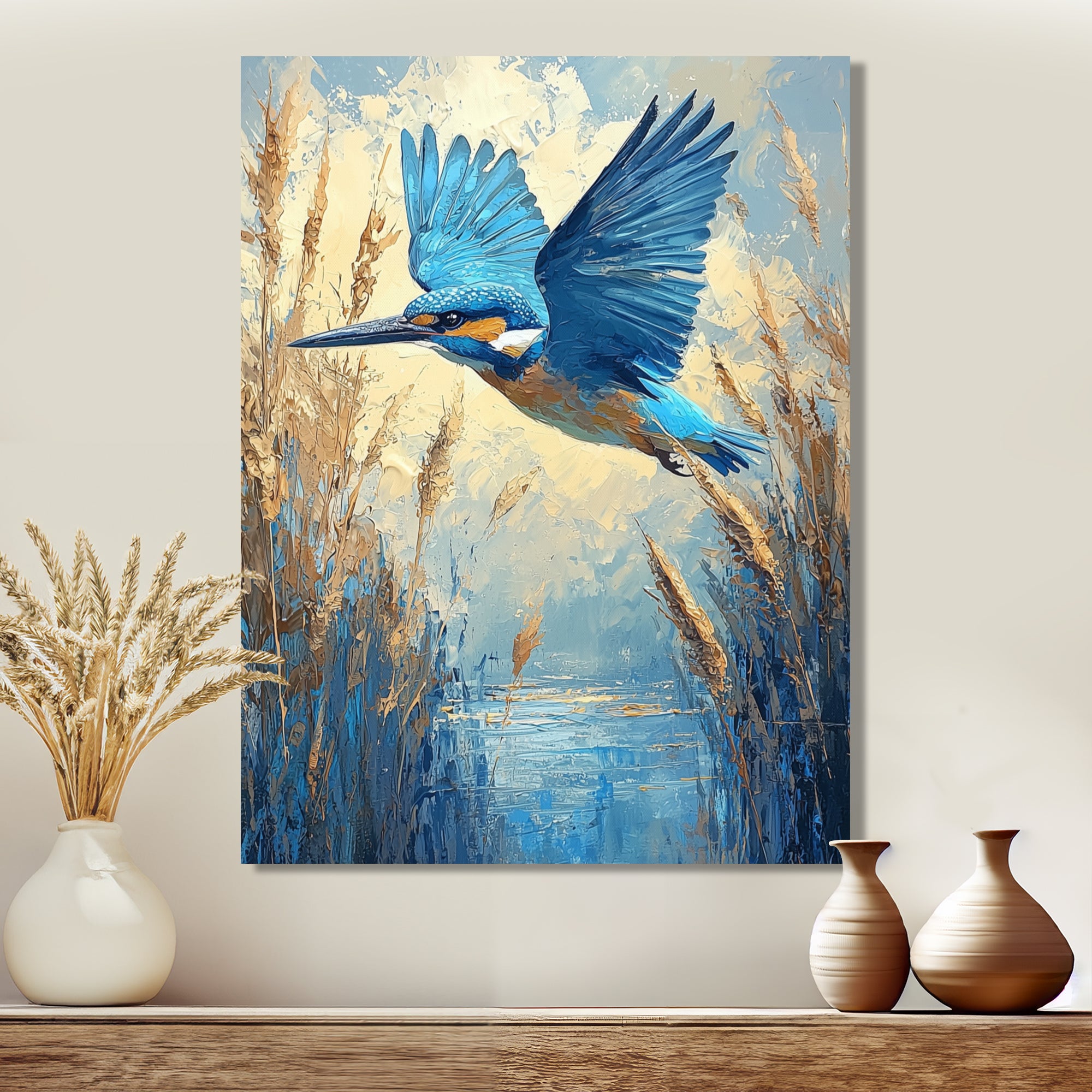 Kingfisher By The Farm River - Bird Framed Canvas Art