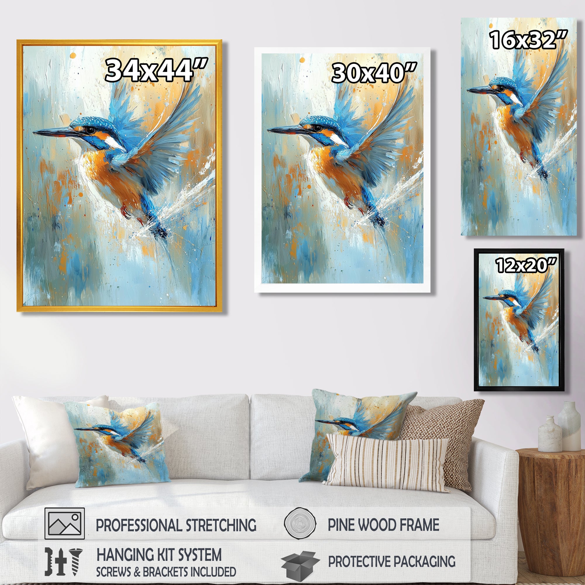 Blue Orange Kingfisher By The River Bird - Bird Living Room Wall Art