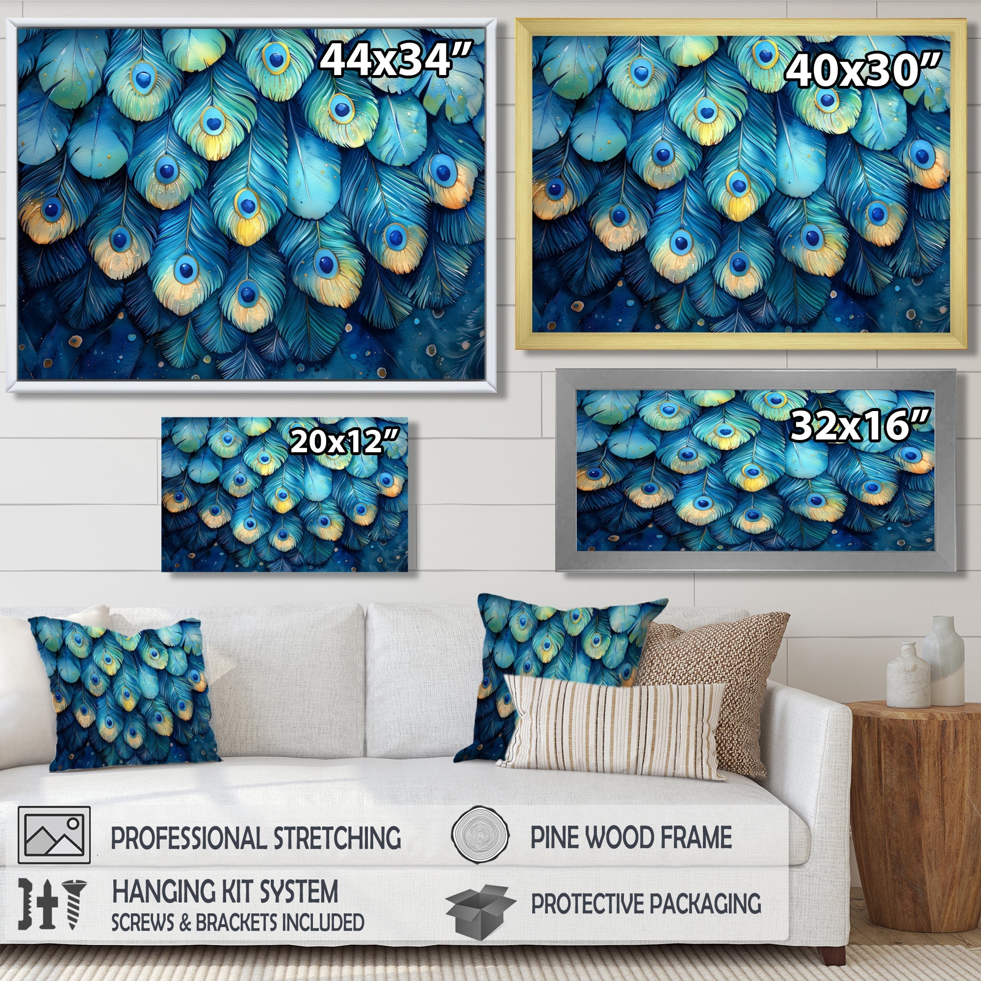 Peacock Feather Collage - Bird Framed Canvas Art