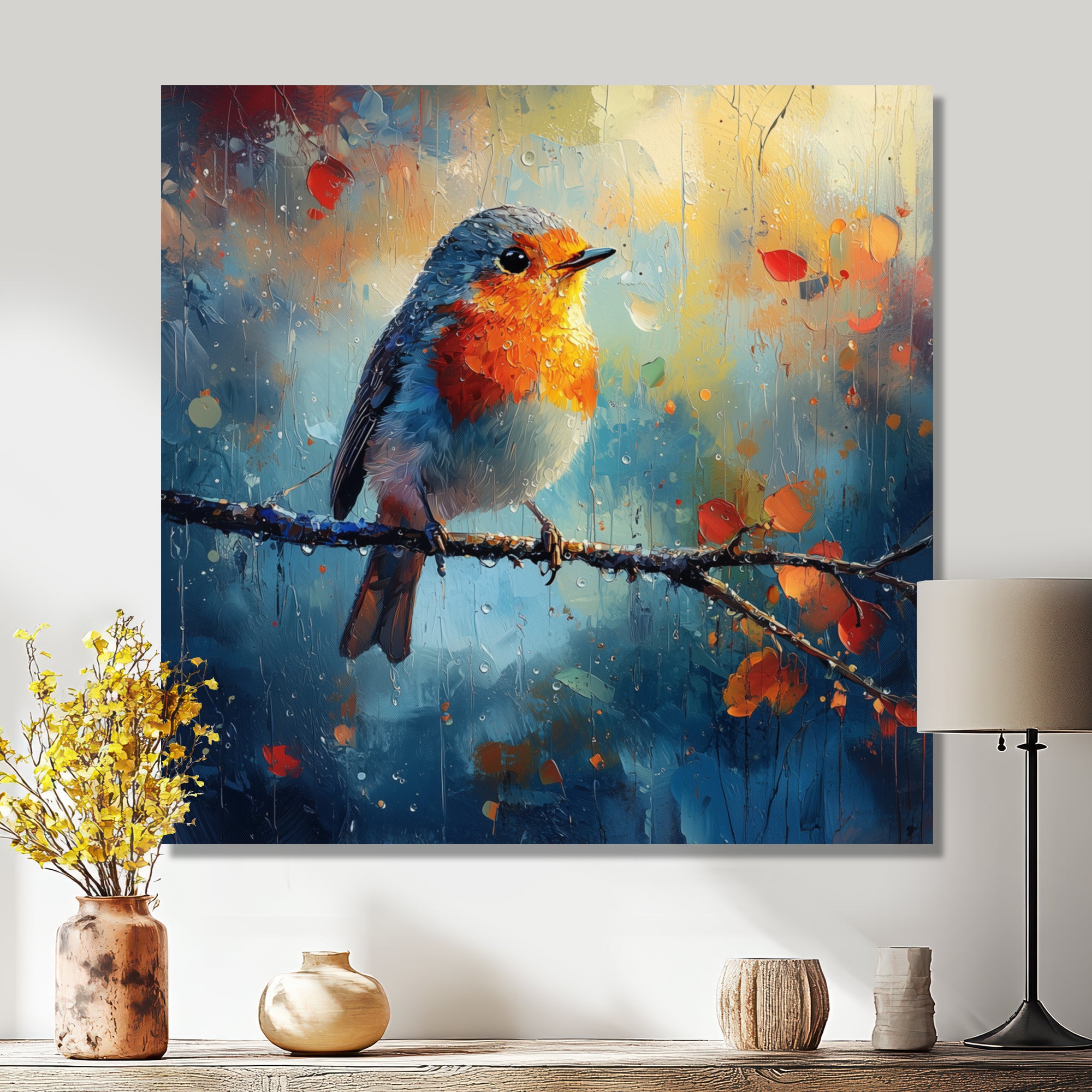 Robin Bird In The Morning Dew - Bird Canvas Wall Art