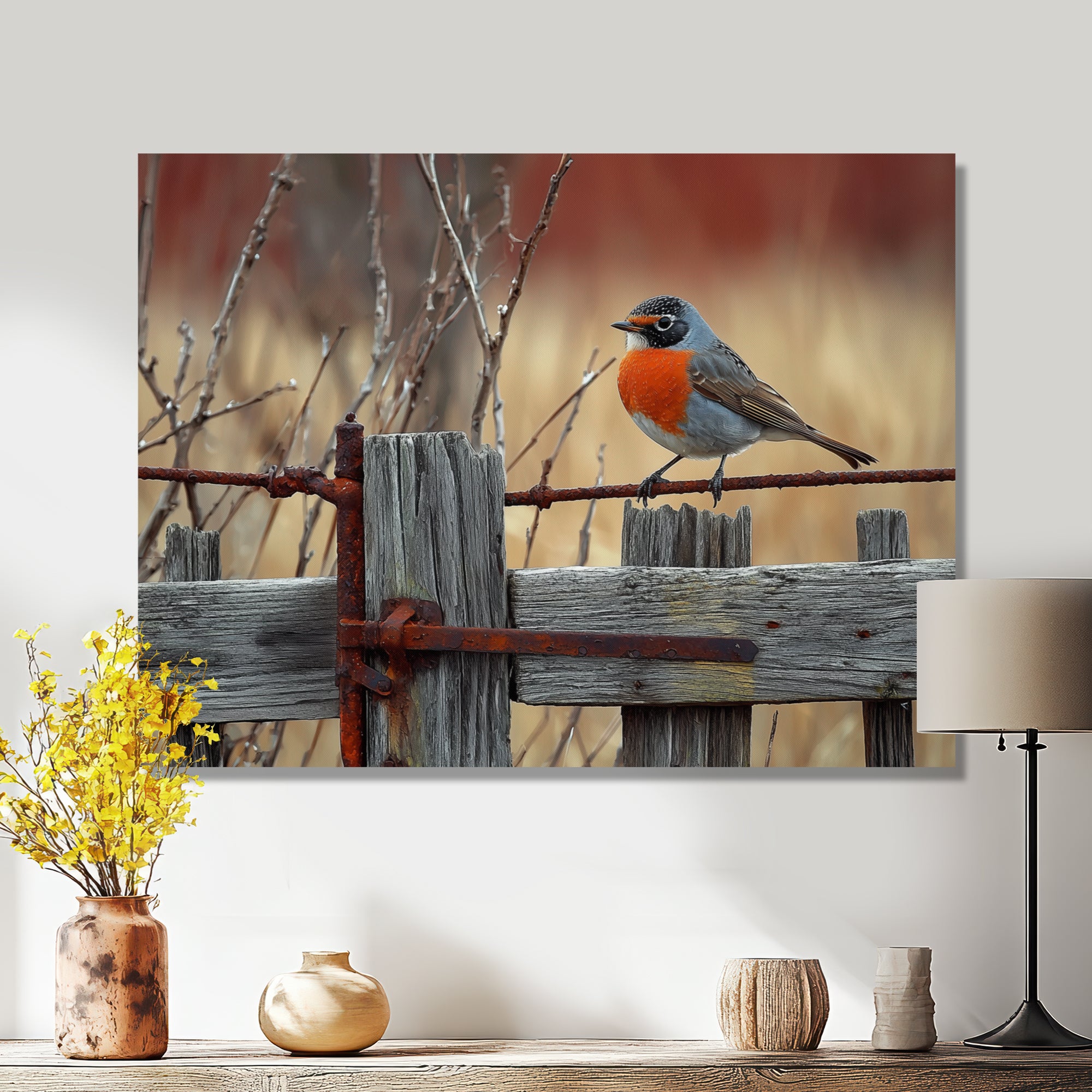 Robin Bird On The Farm Gate - Bird Framed Canvas Art