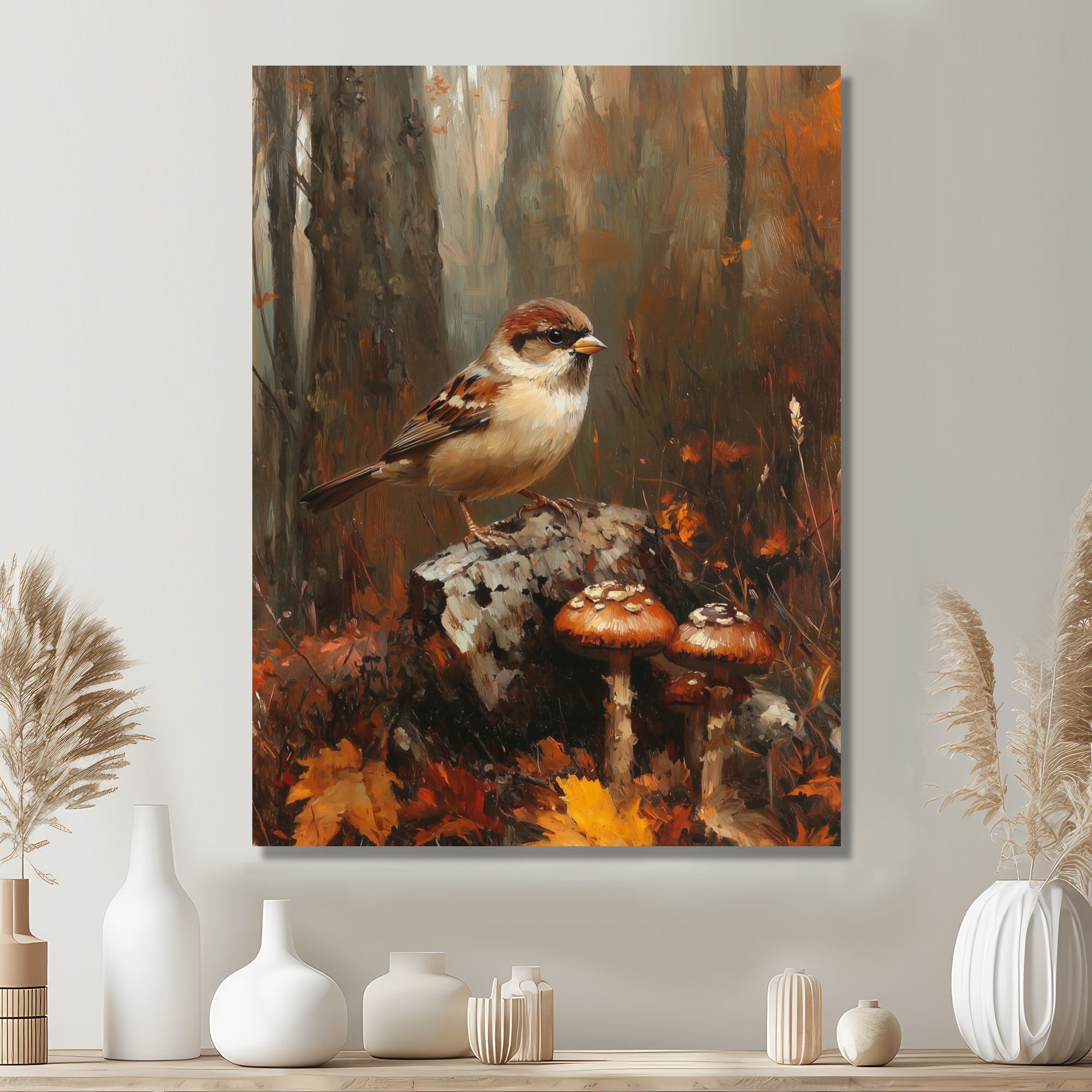 Sparrow Among The Wild Mushrooms - Bird Bedroom Wall Art