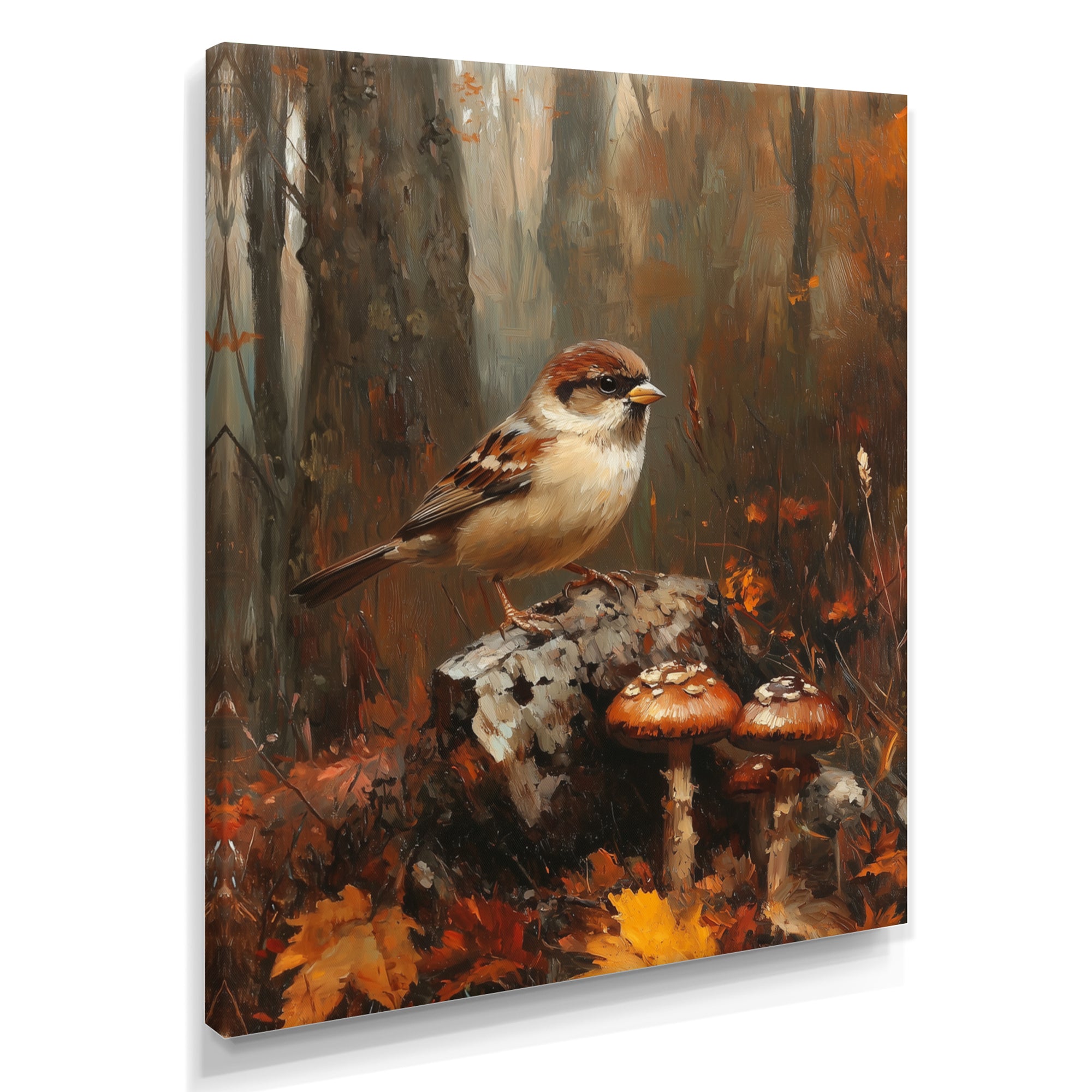Sparrow Among The Wild Mushrooms - Bird Bedroom Wall Art