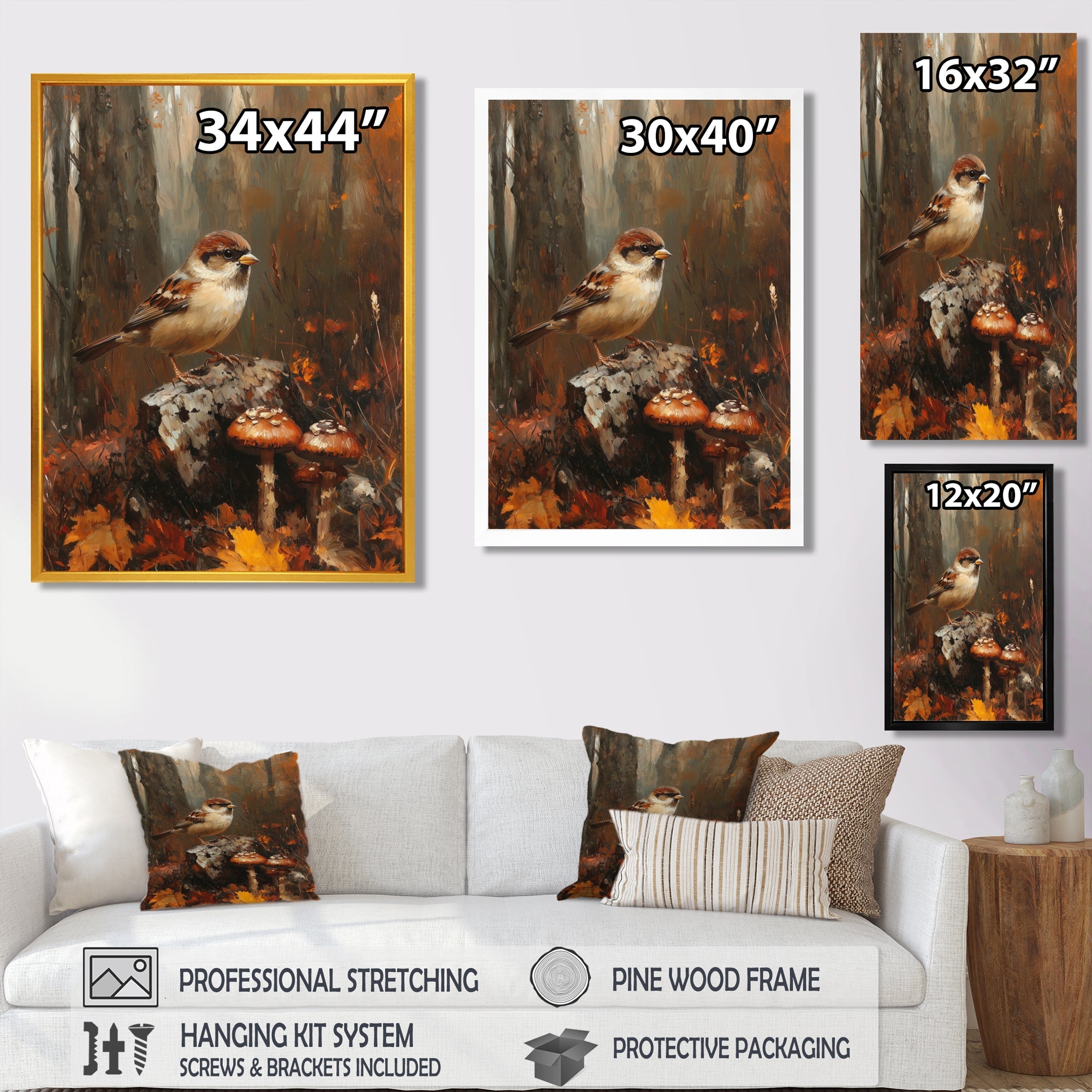 Sparrow Among The Wild Mushrooms - Bird Bedroom Wall Art