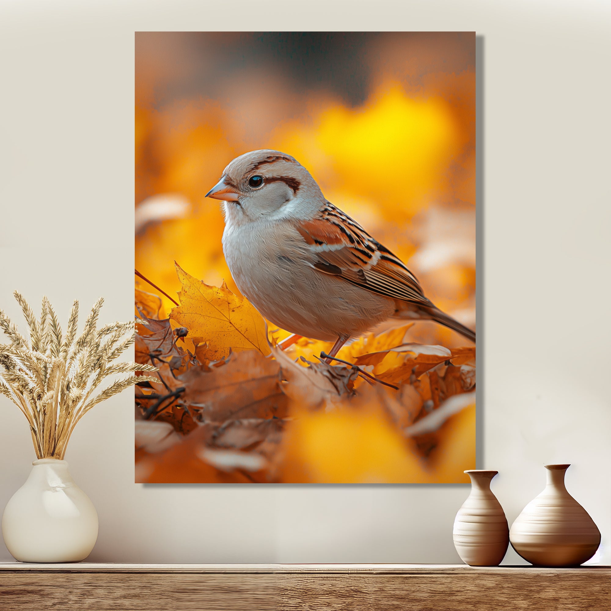 Sparrow Bird In The Autumn Leaves - Bird Canvas Wall Art