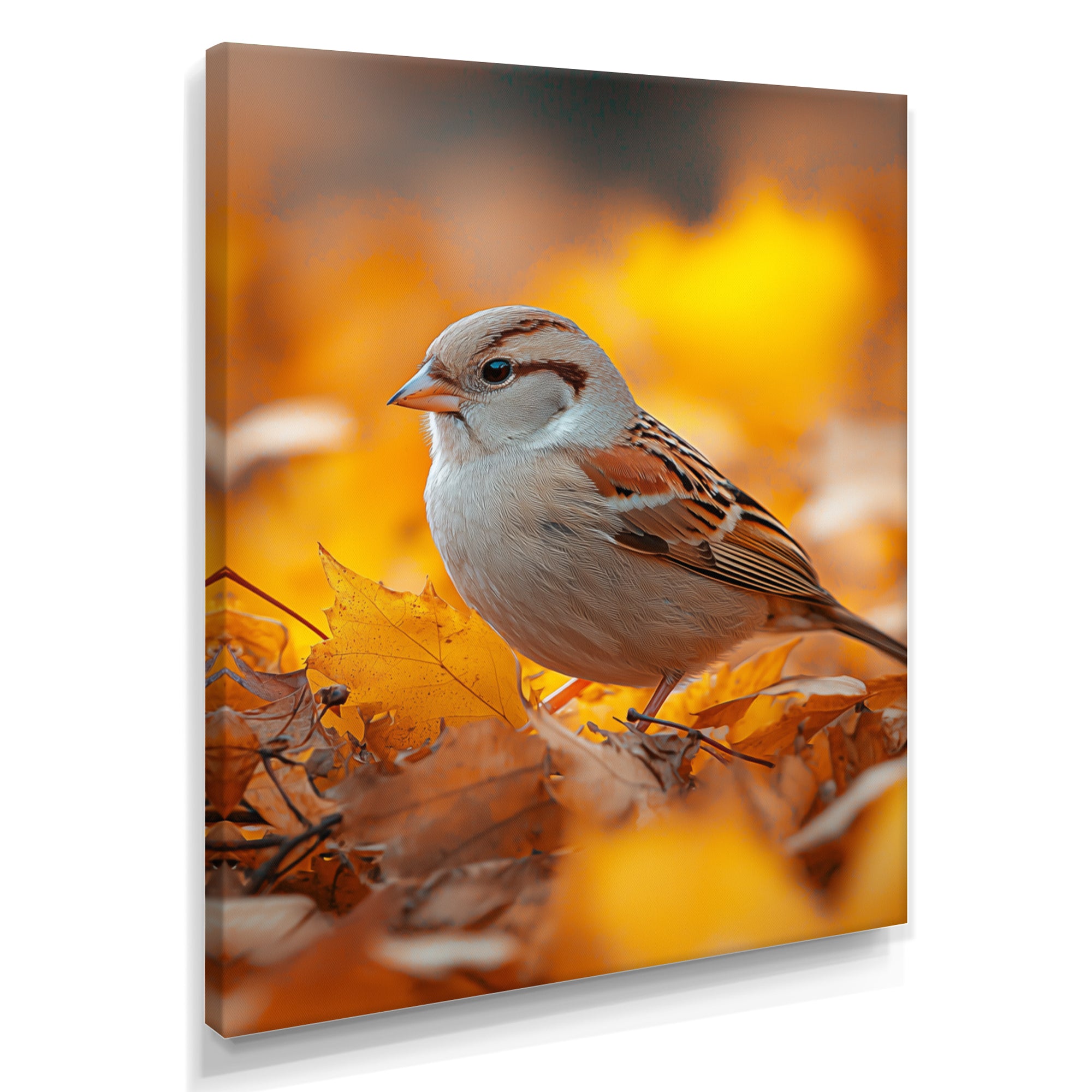 Sparrow Bird In The Autumn Leaves - Bird Canvas Wall Art