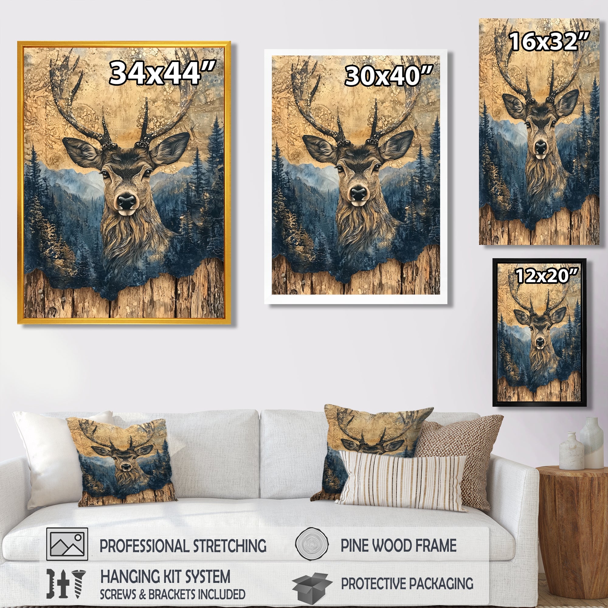 Deer Portrait With Chinese Ink Landscape - Deer Living Room Wall Art