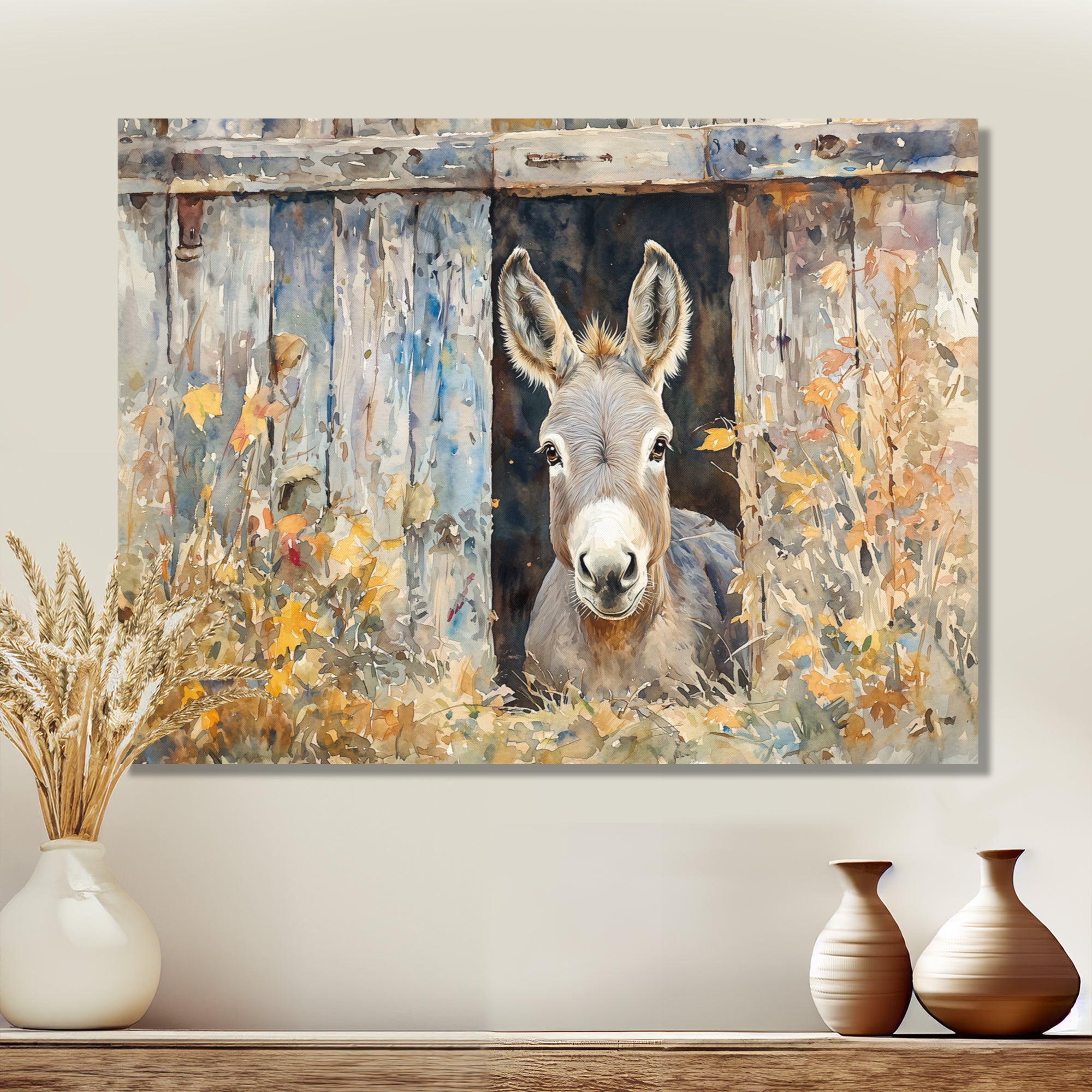Donkey Floral Portrait At The Barn - Donkey Wall Art Prints