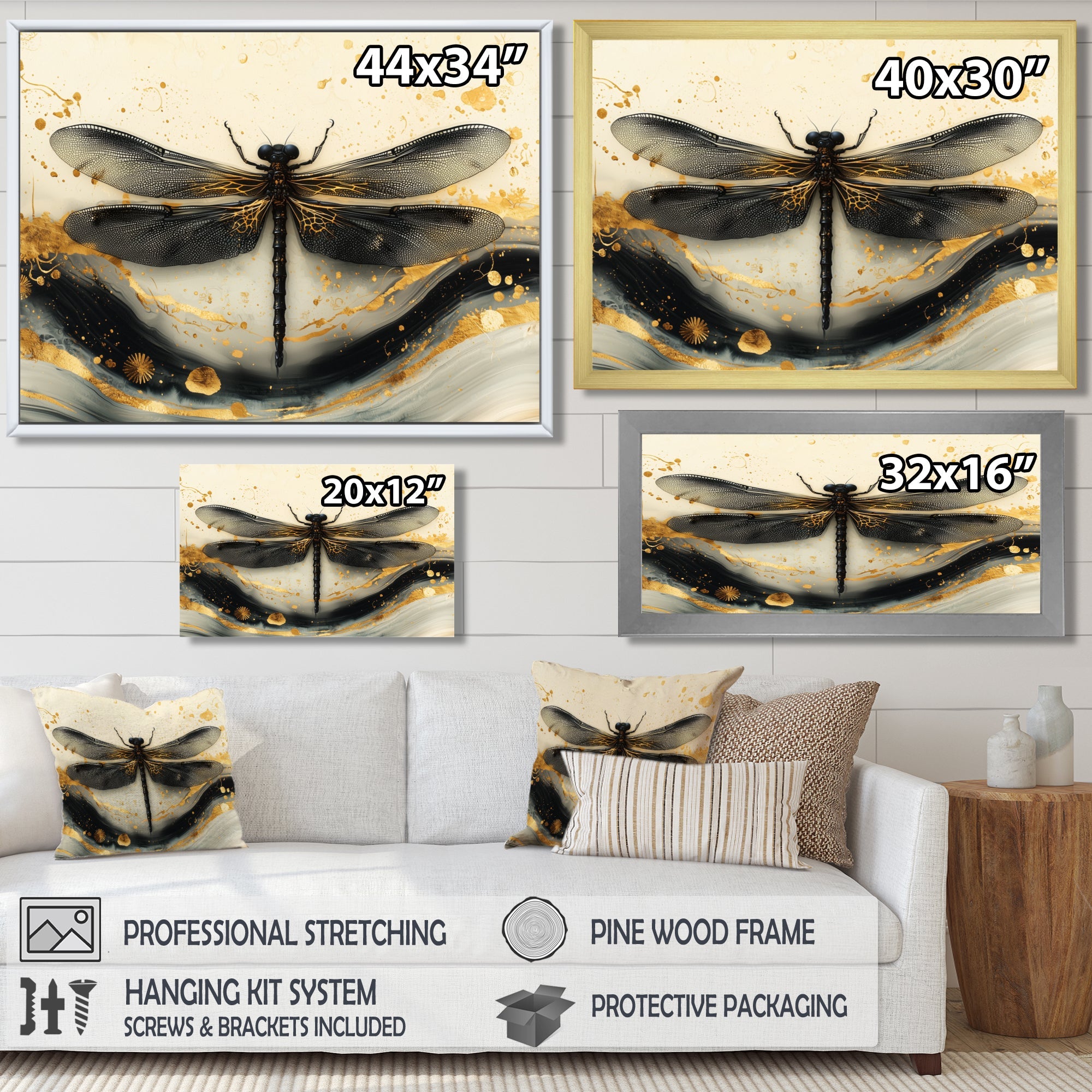 Golden Dragon Fly Flight Of Elegance - Dragonfly Living Room Wall Art