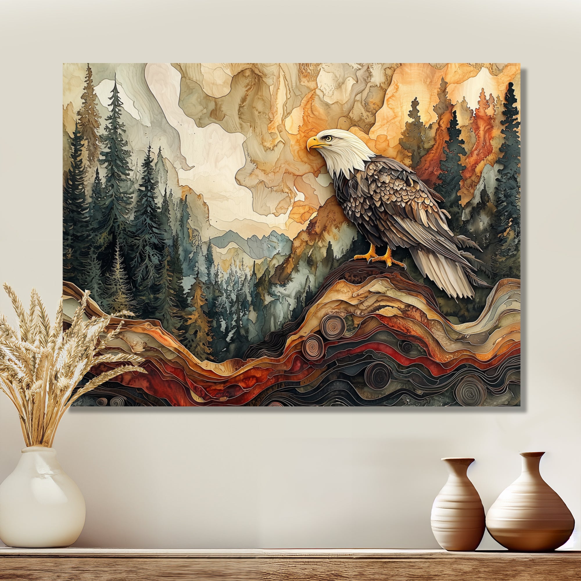 Eagle In A Large Forest Landscape - Eagle Living Room Wall Art