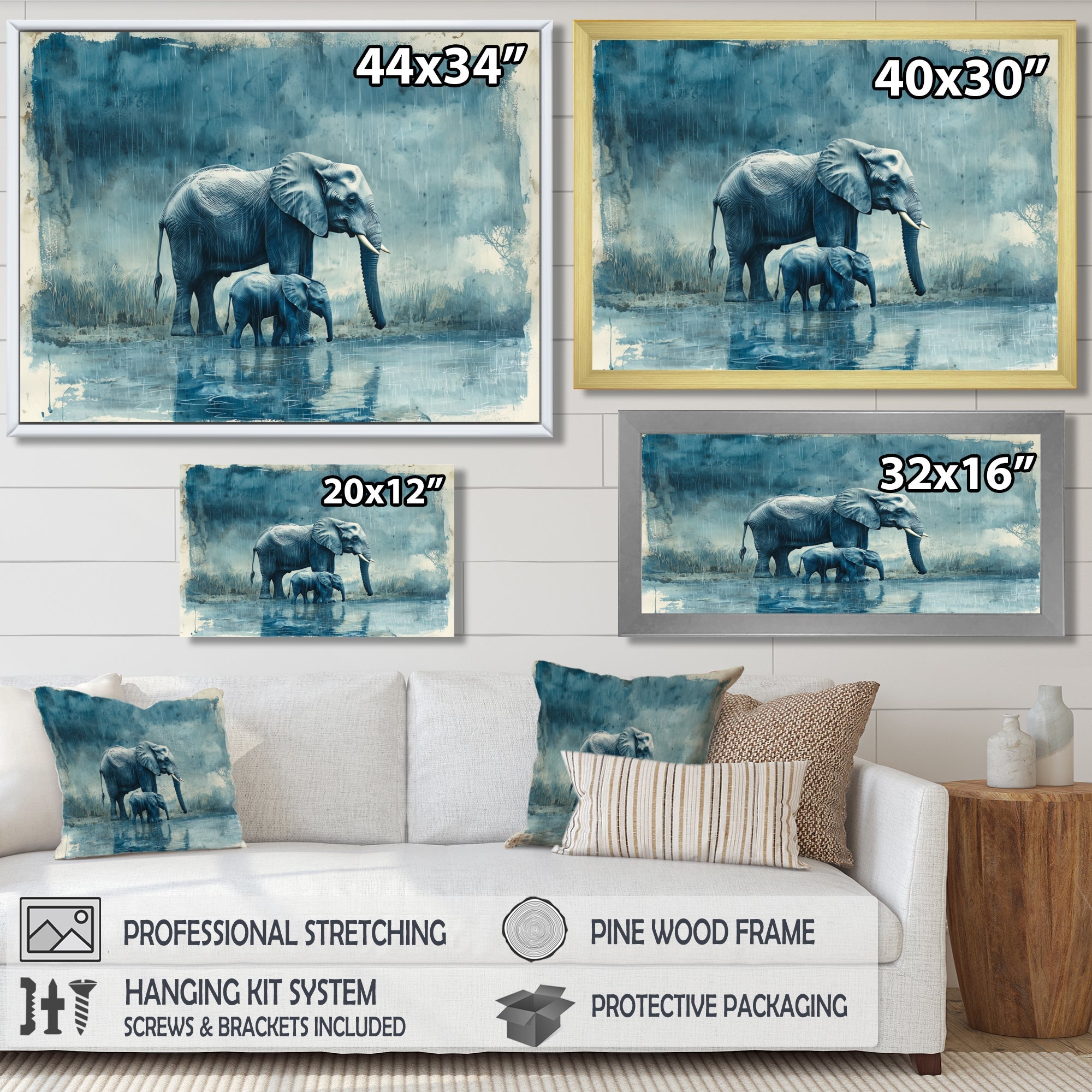 Elephant And Her Calf In The Rain - Grey Elephant Wall Art