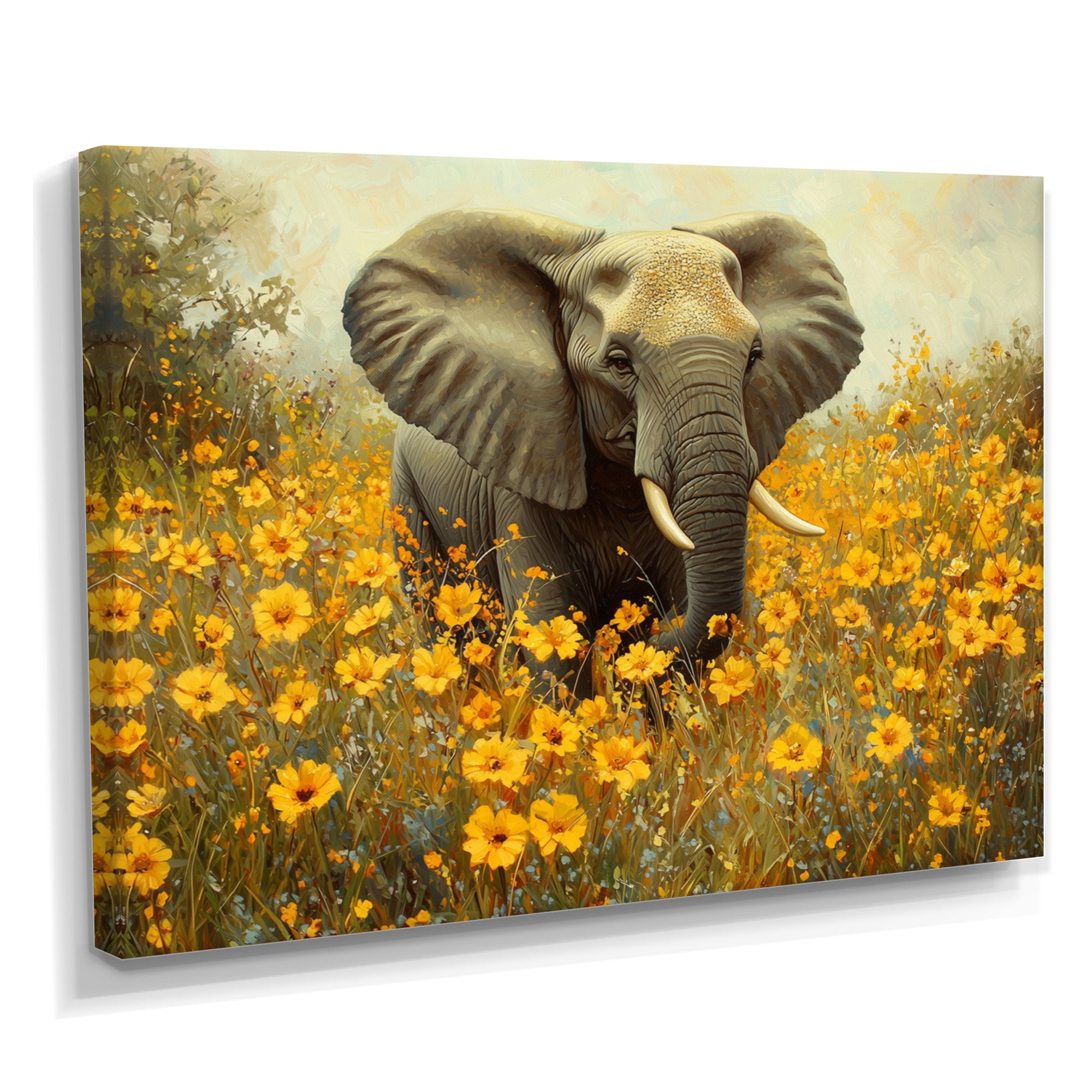 Elephant In The Flowering Grasslands - Yellow Elephant Wall Art