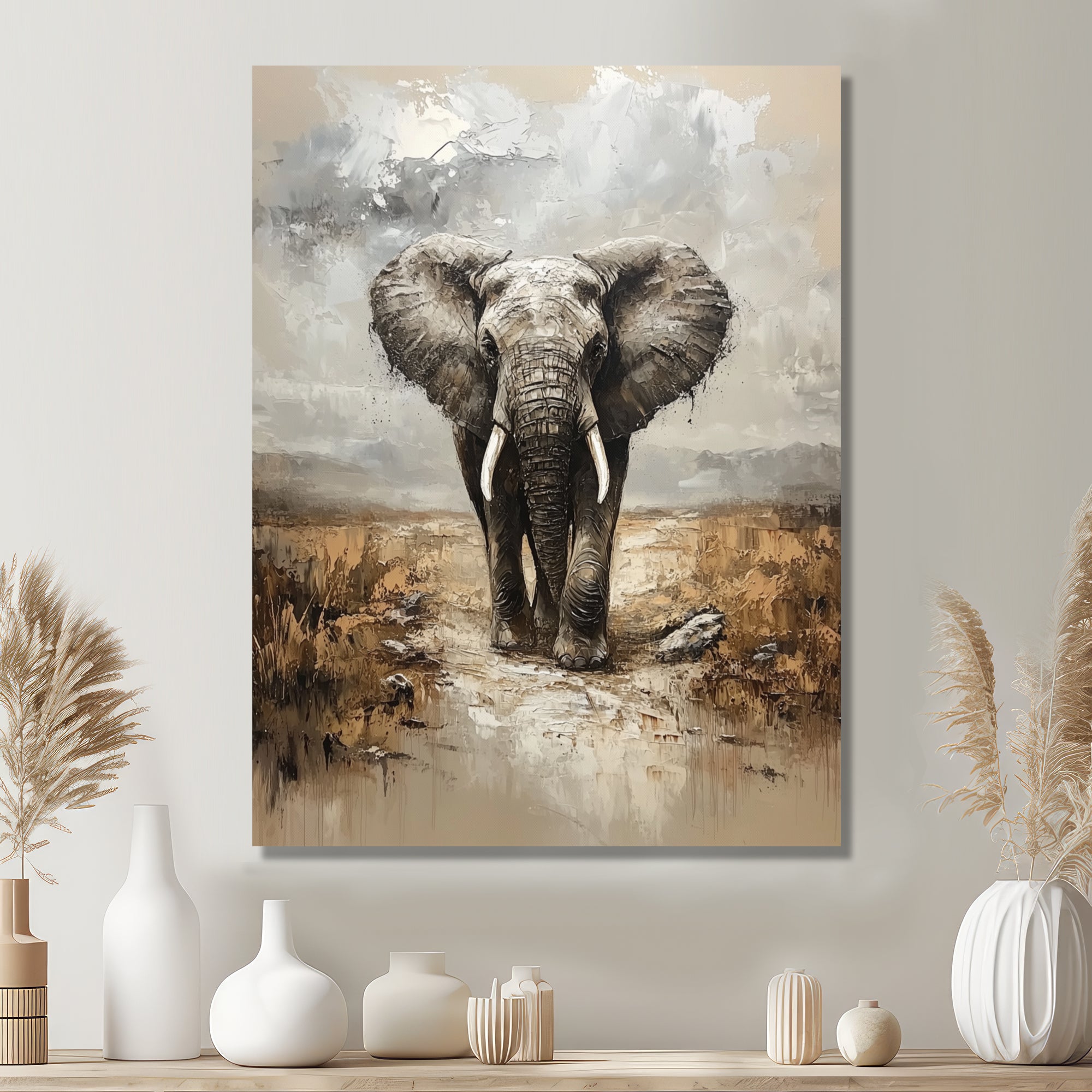 Elephant Majesty In The Grasslands - Elephant Canvas Wall Art