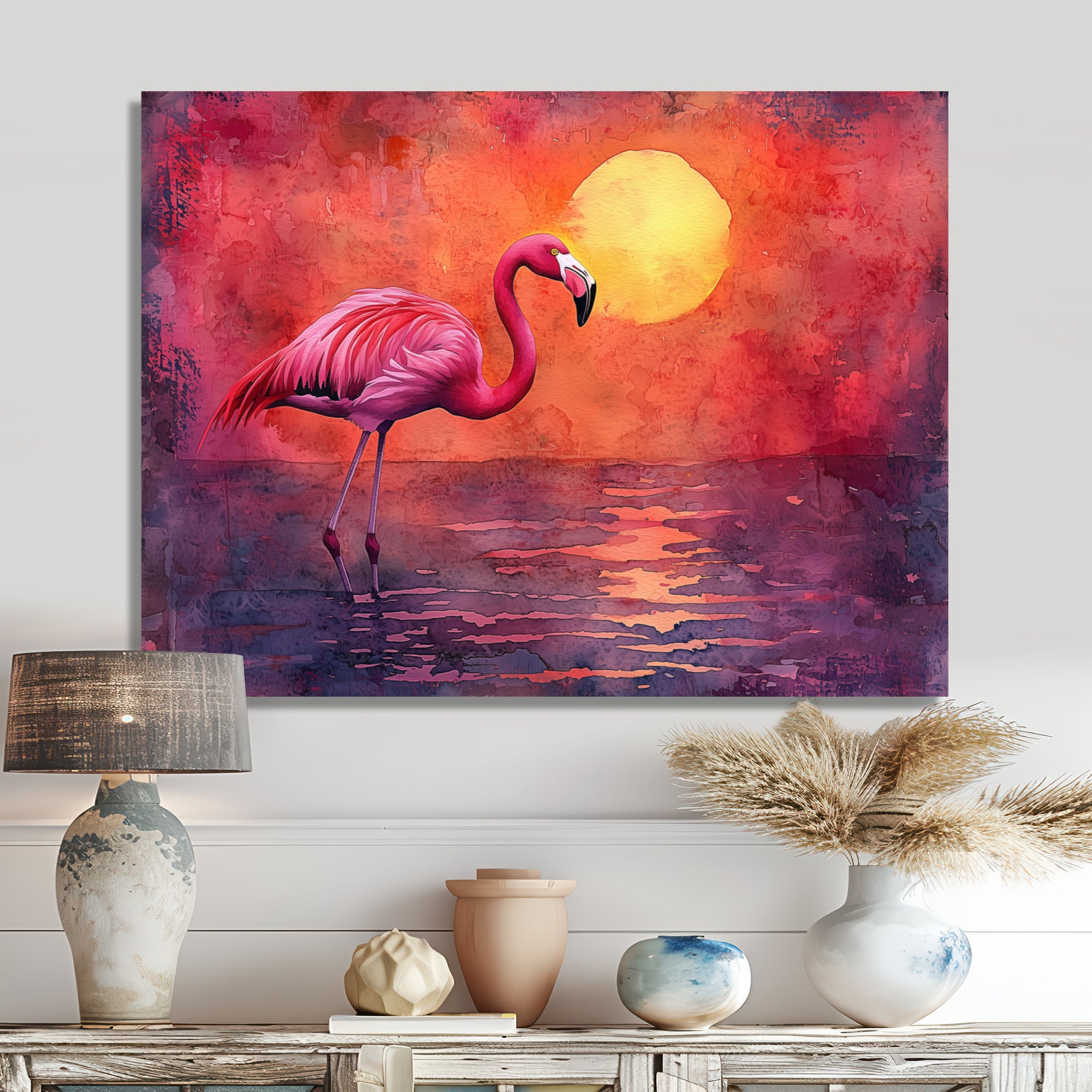 Flamingo In The Sunset - Flamingo Canvas Wall Art