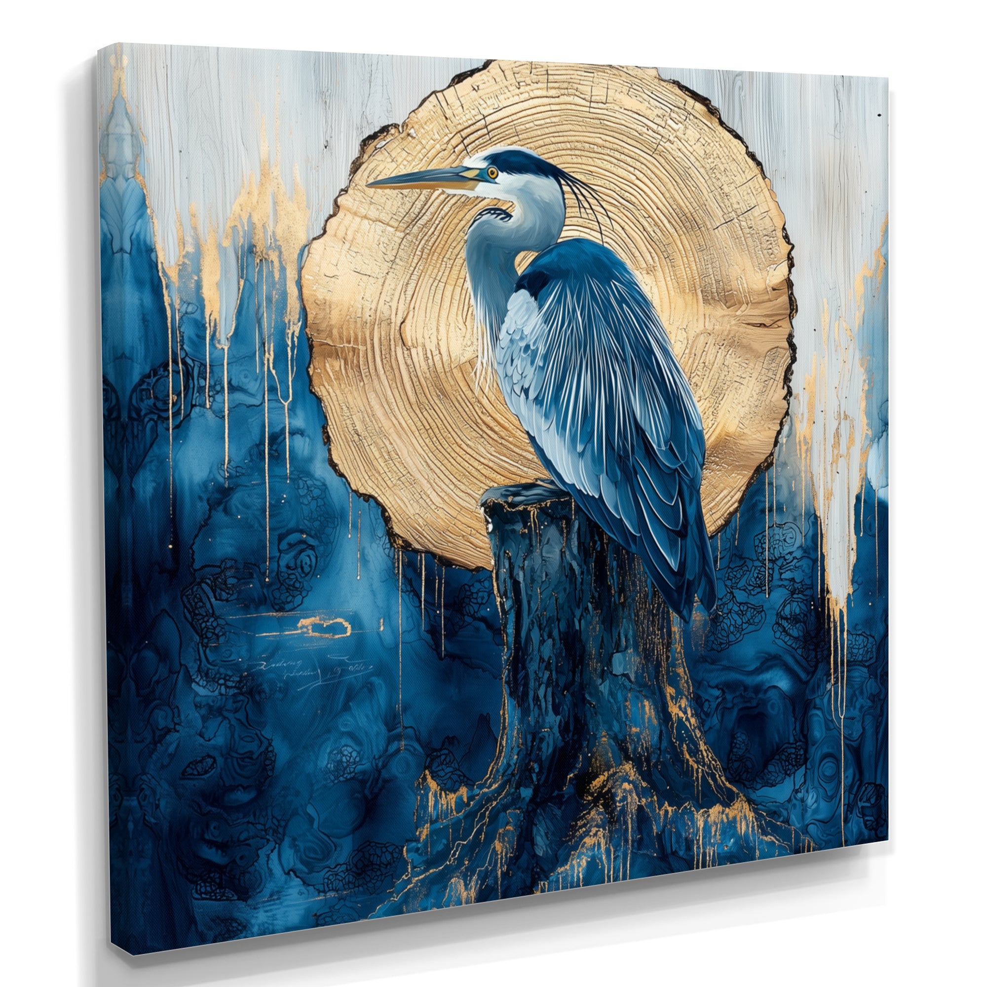 Heron In Golden Moon Chinese Ink Landscape - Heron Bedroom Wall Art
