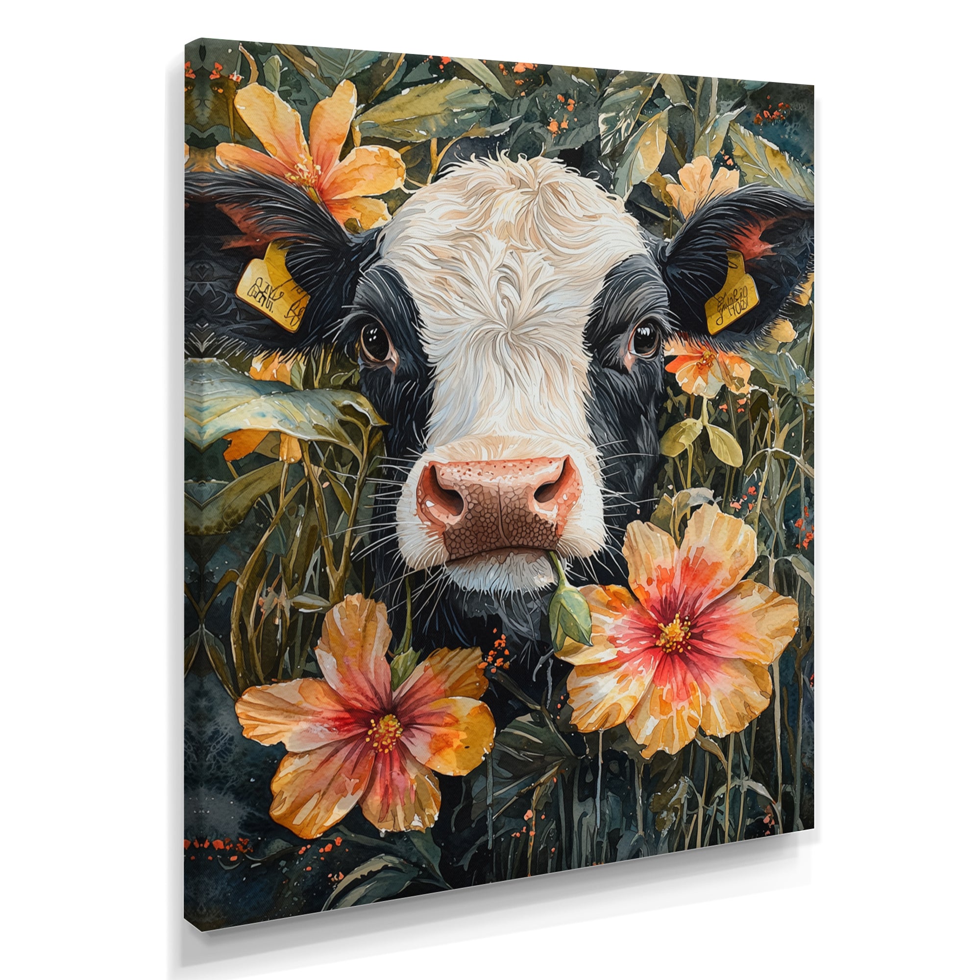 Cow Painting With Hibiscus - Cow Wall Decor