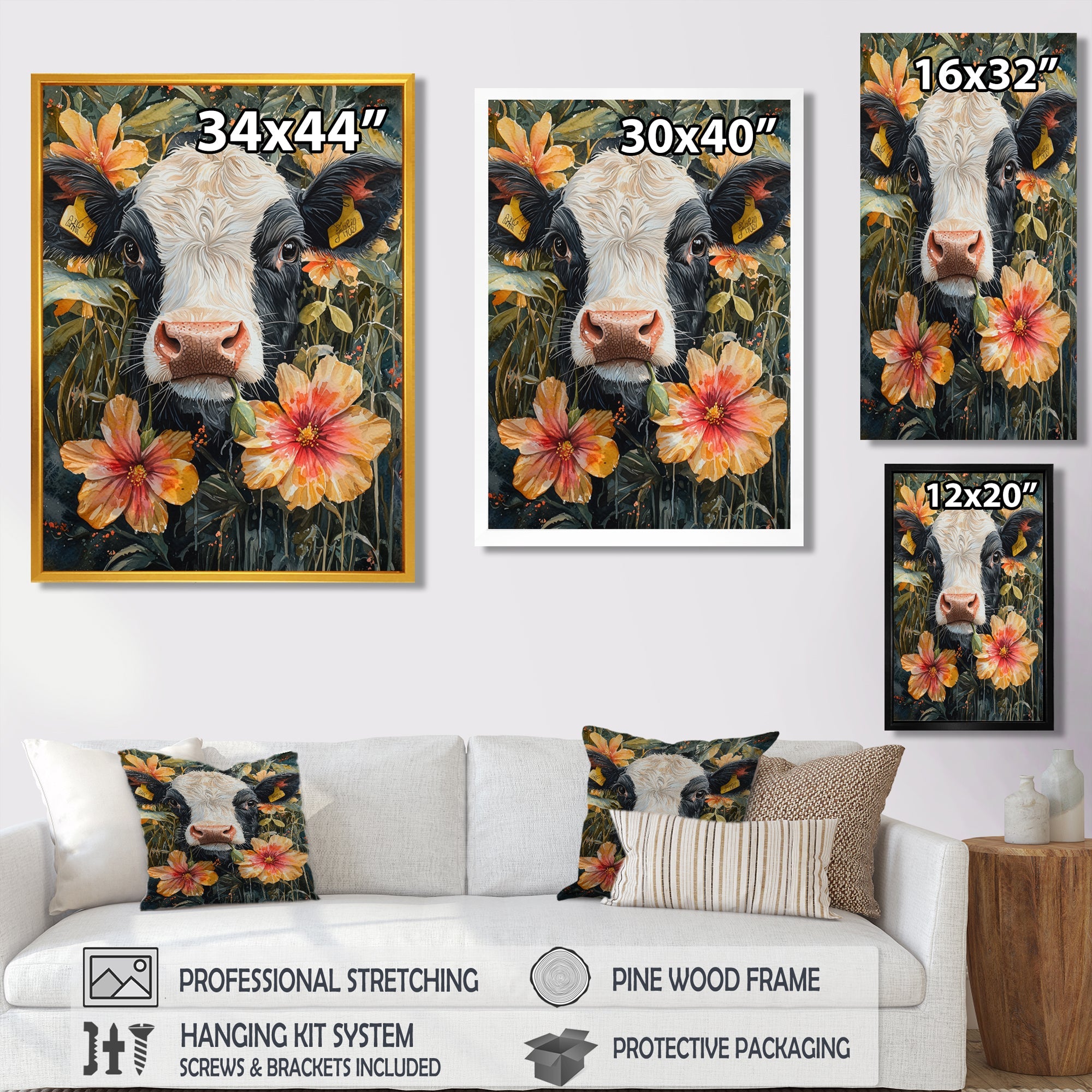 Cow Painting With Hibiscus - Cow Wall Decor