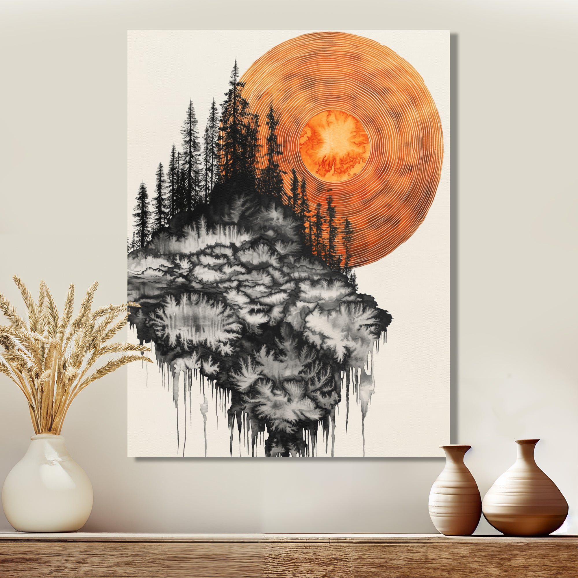 Sunrise Of A Dark Onyx Forest - Orange Owl Wall Art