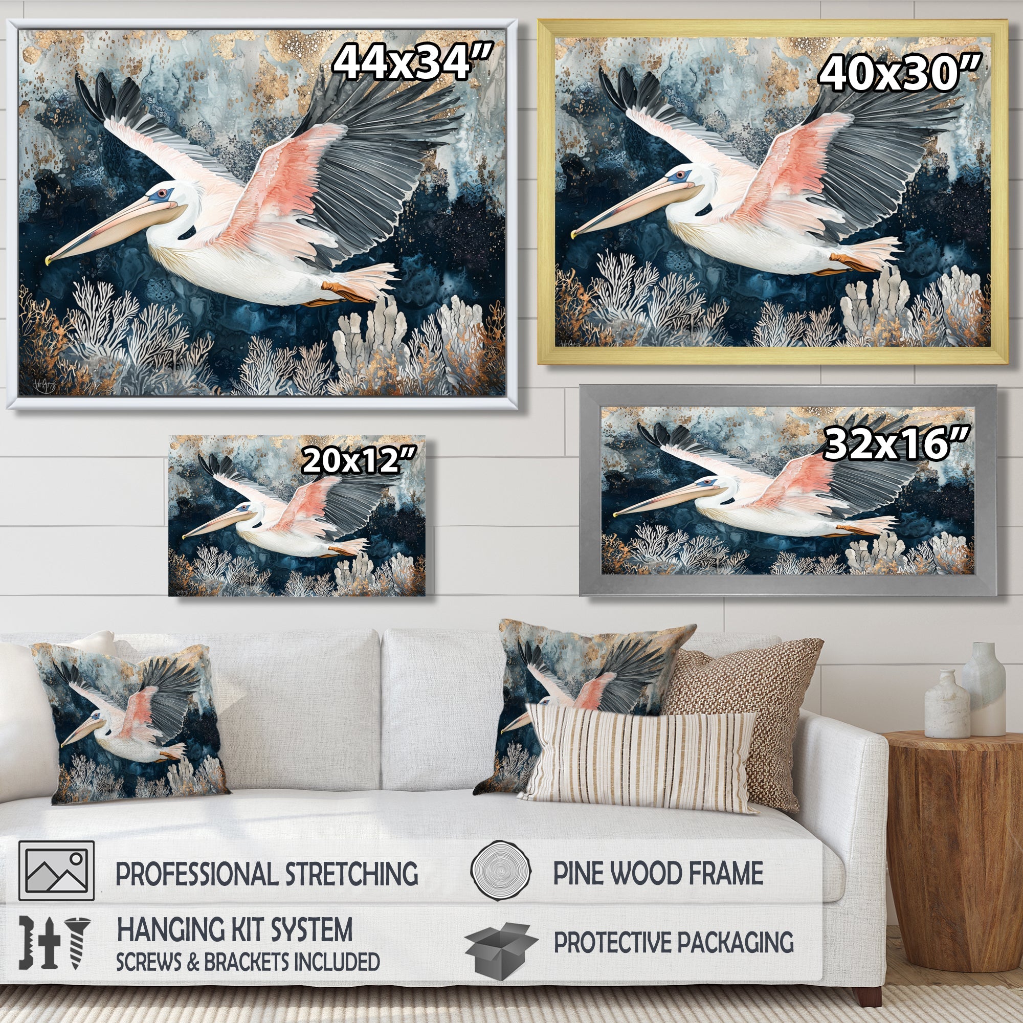 Pelican Flying Above Ocean Landscape - Pelican Wall Art Prints