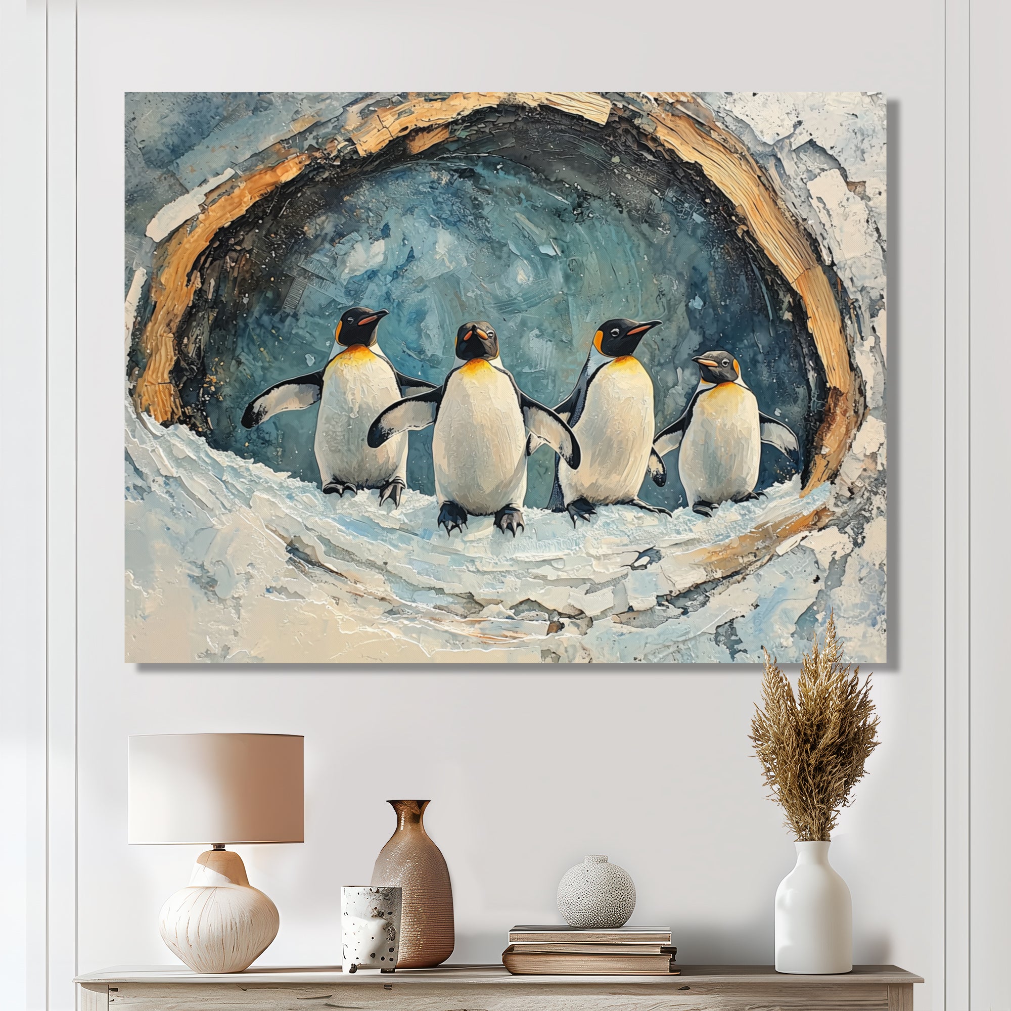 Penguin Family In A Winter Landscape - White Penguin Wall Art