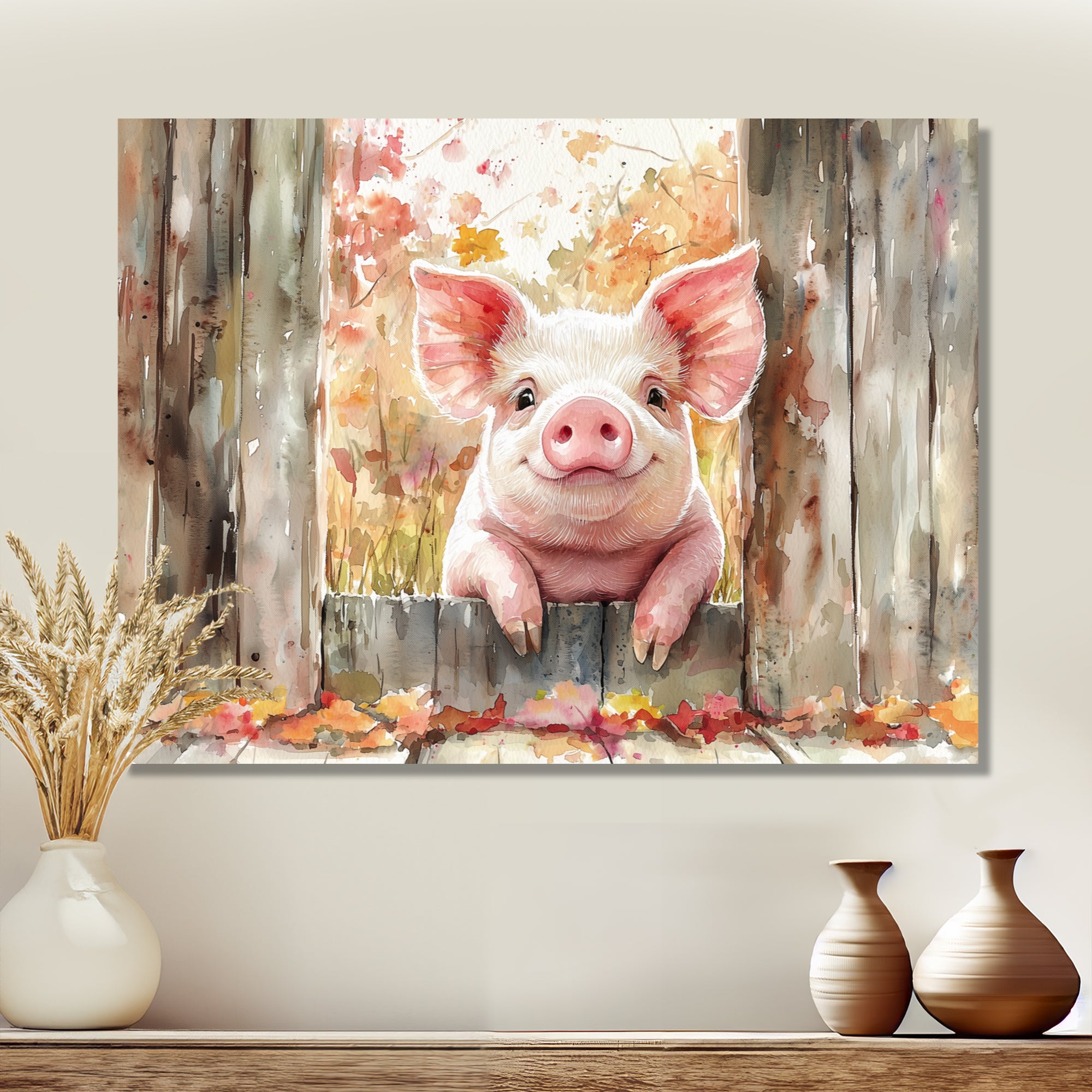 Pig Portrait At The Barn - Pig Large Canvas Wall Art