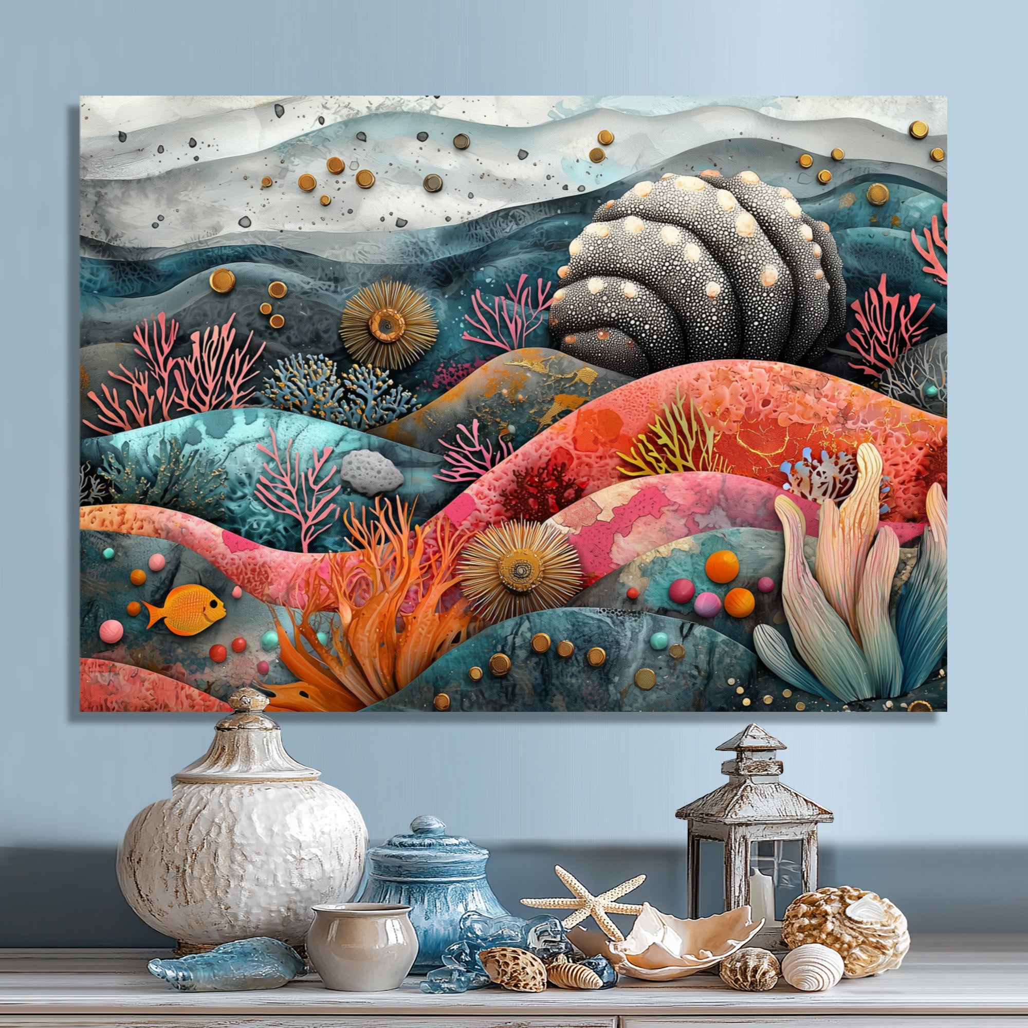 Abstract Aquarium Sea Urchin And Coral Horizon - Sea Urchin Large Canvas Wall Art