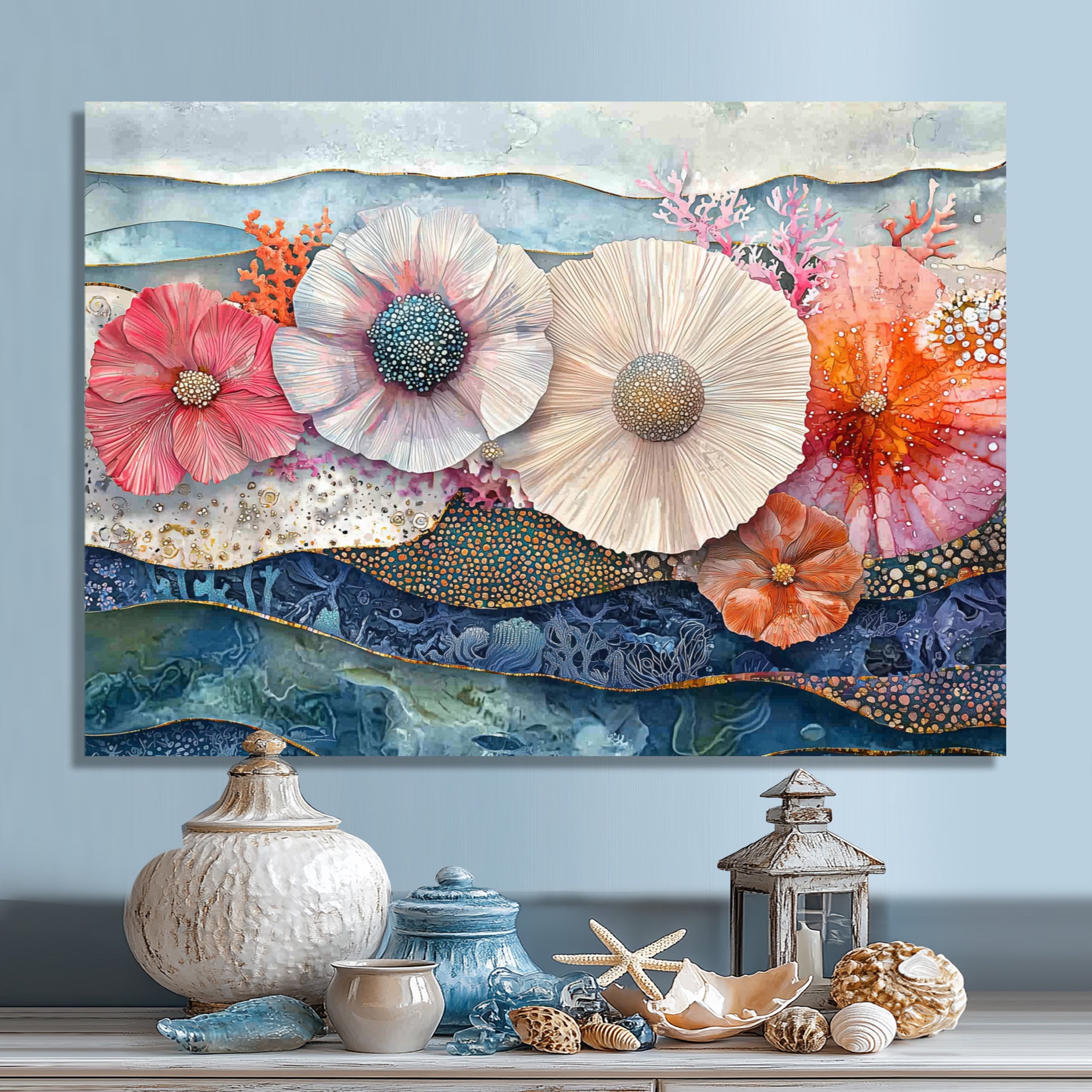 Colorful Sea Urchin And Flower Serenade - Sea Urchin Canvas Wall Art