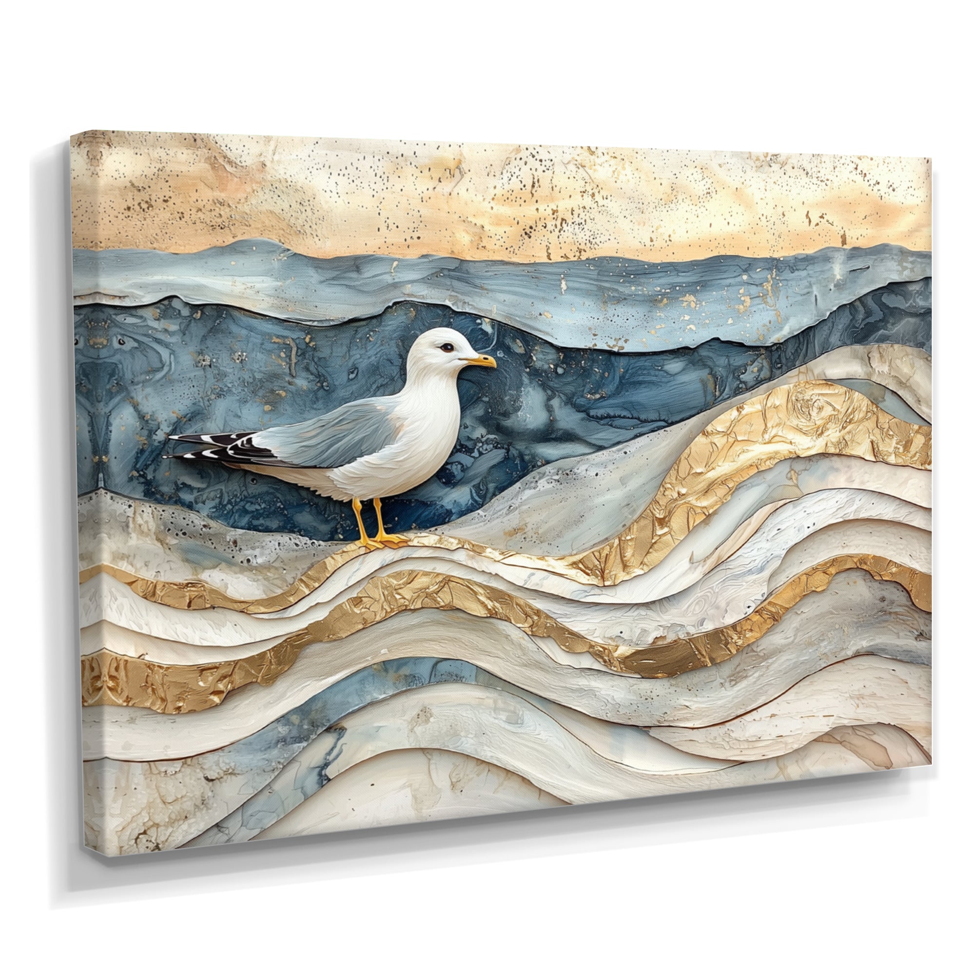 Modern Marble Seagull On Beach - Seagull Framed Canvas Art