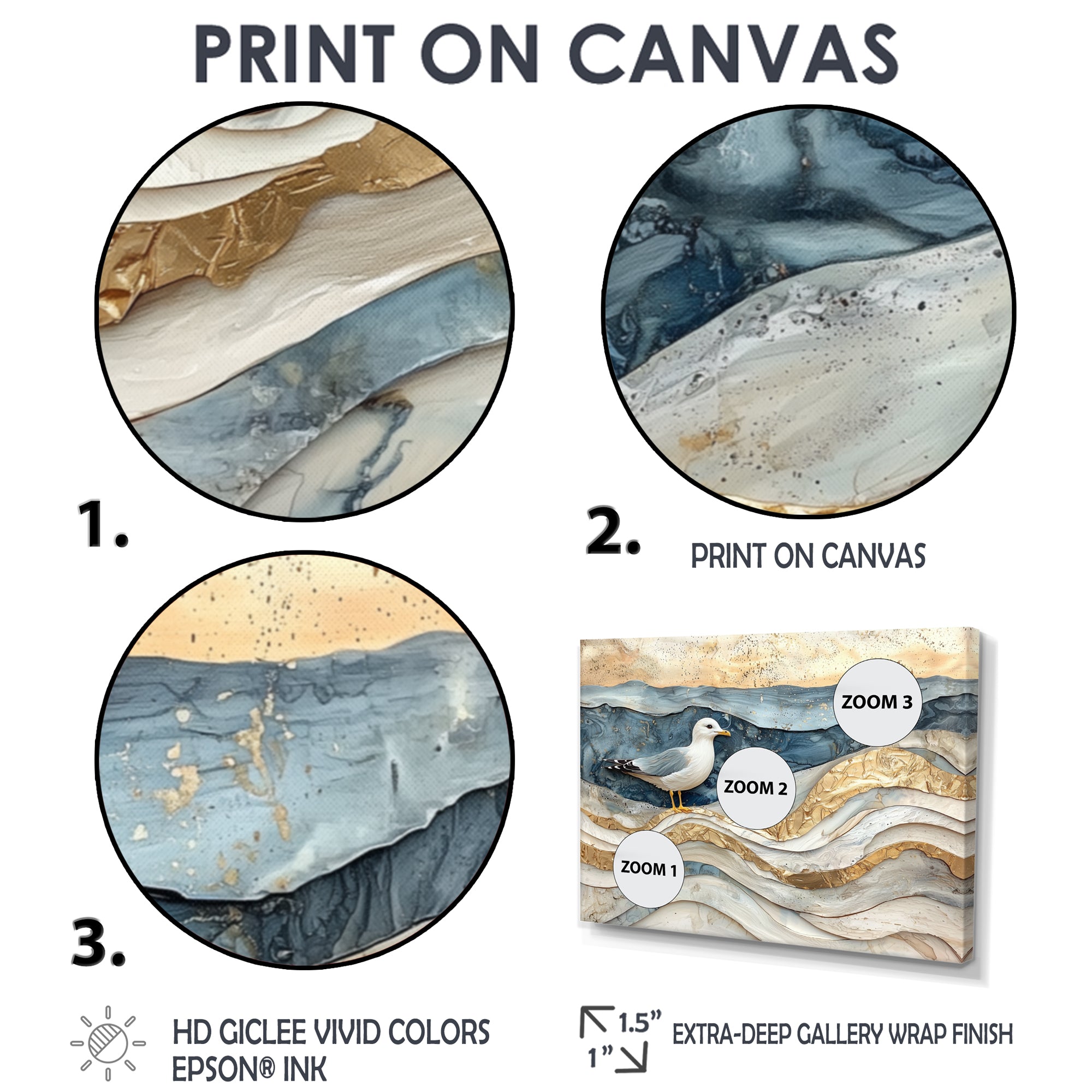 Modern Marble Seagull On Beach - Seagull Framed Canvas Art