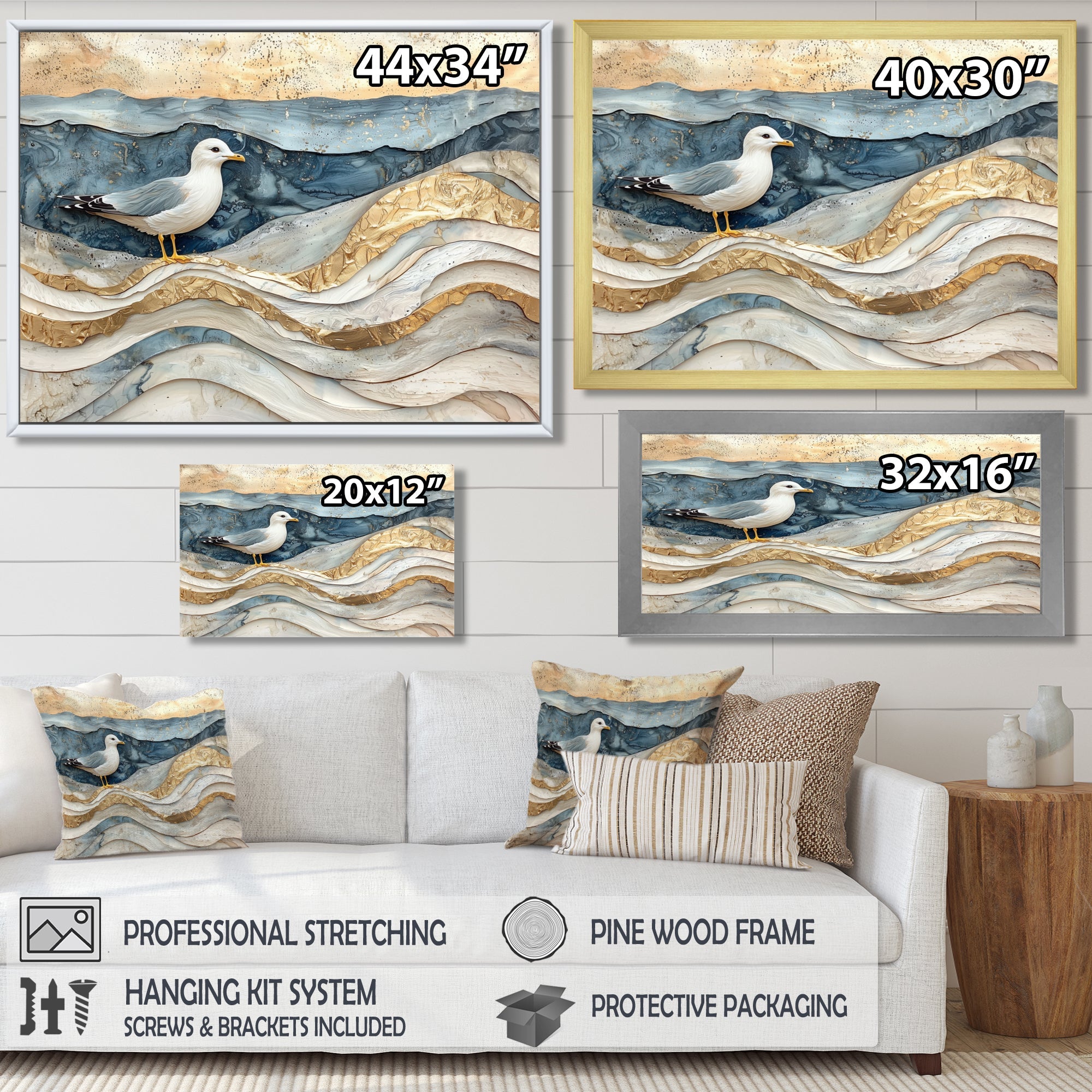 Modern Marble Seagull On Beach - Seagull Framed Canvas Art