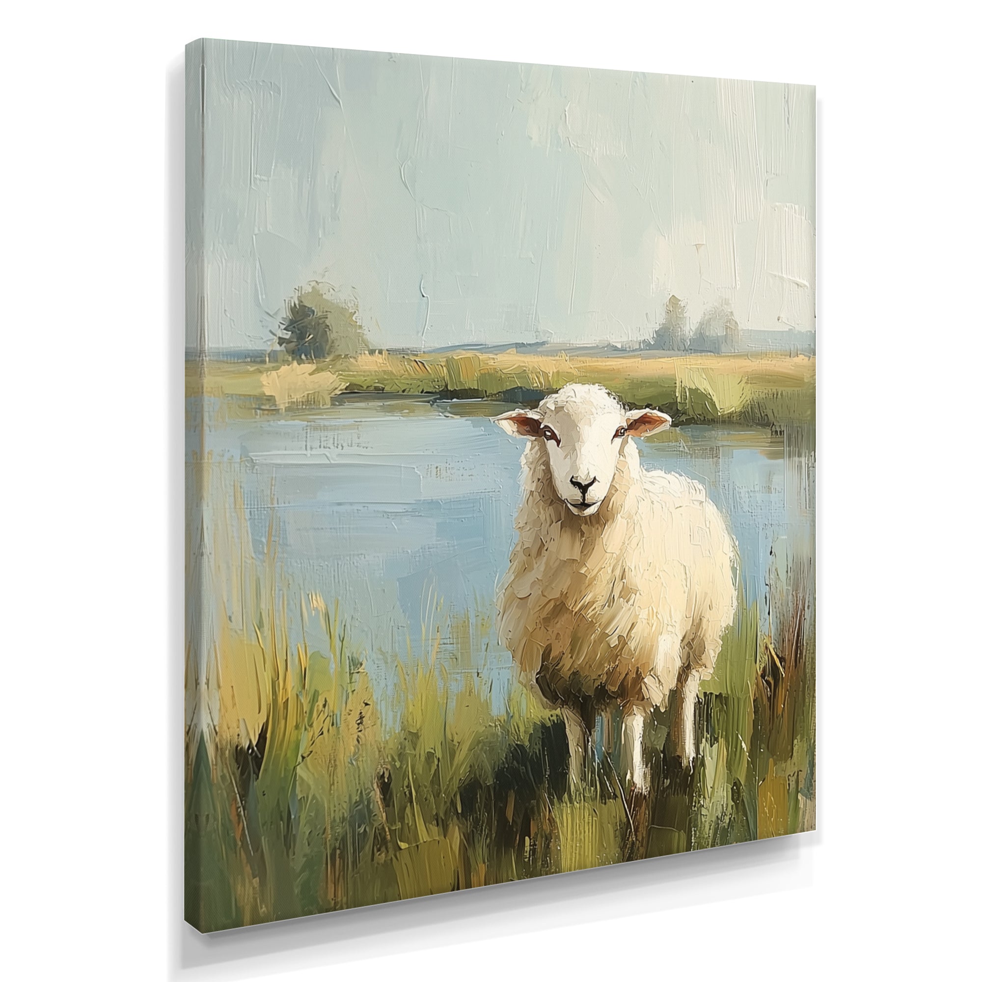 Sheep By The Pond With Gentle Breeze - Sheep Wall Art Prints