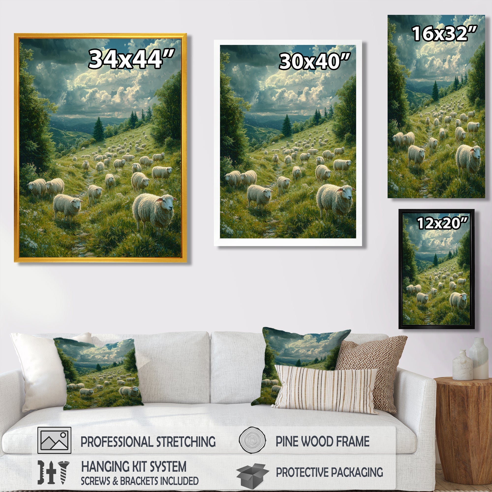 Sheep On The Hillside - Green Sheep Wall Art